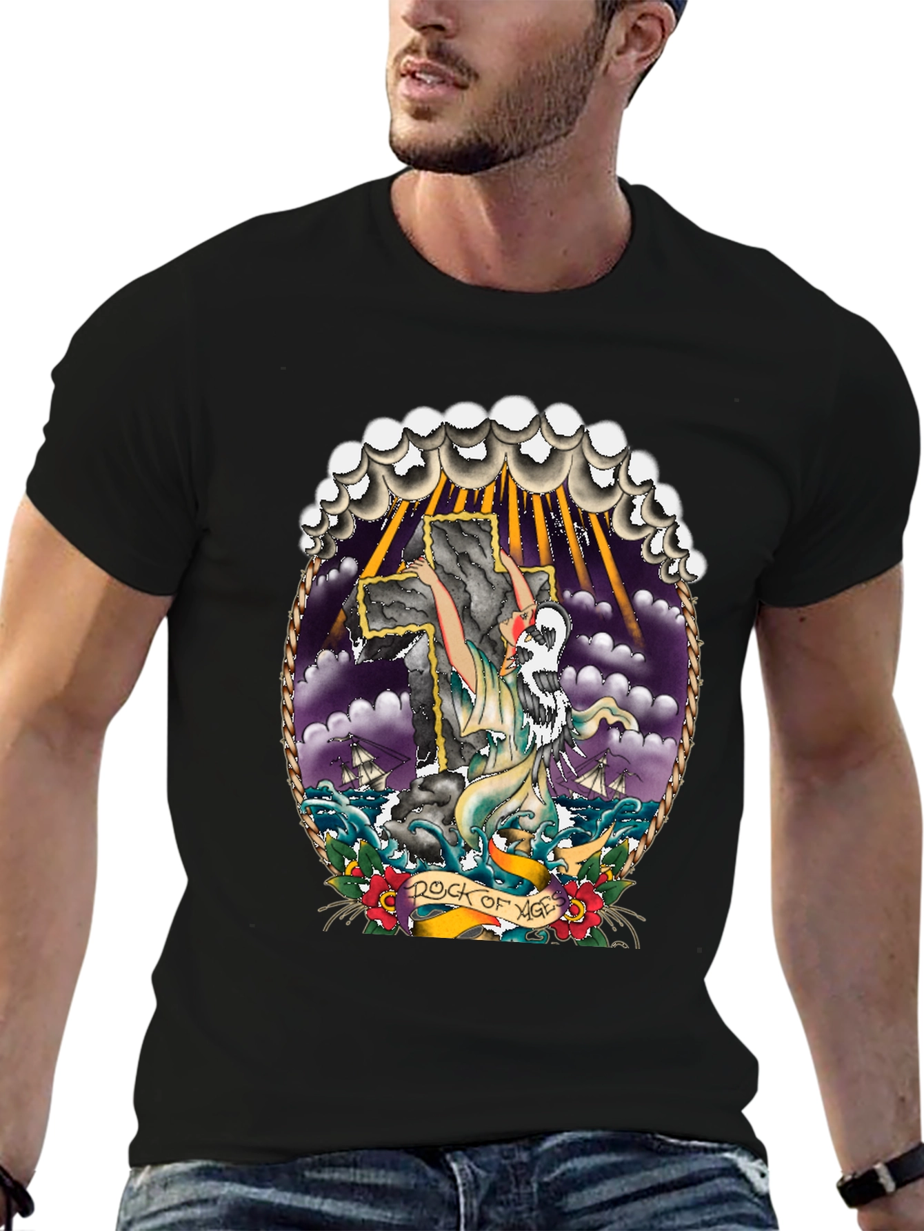 Rock of Ages Graphic Tee - Classic Tattoo Style