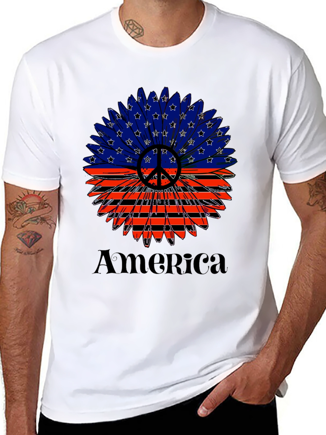 Patriotic America Peace Sign Sunflower Graphic T-Shirt