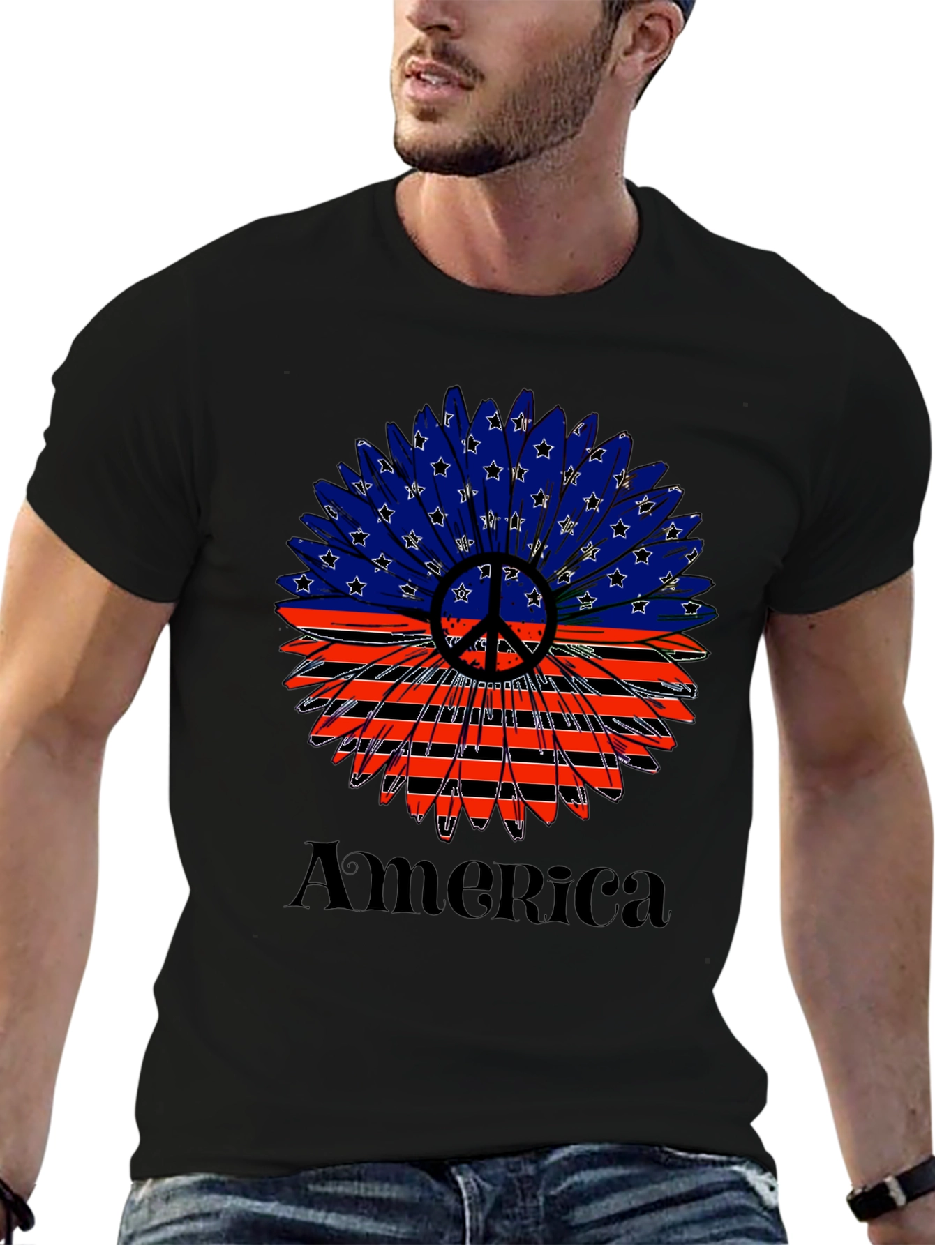 Patriotic America Peace Sign Sunflower Graphic T-Shirt