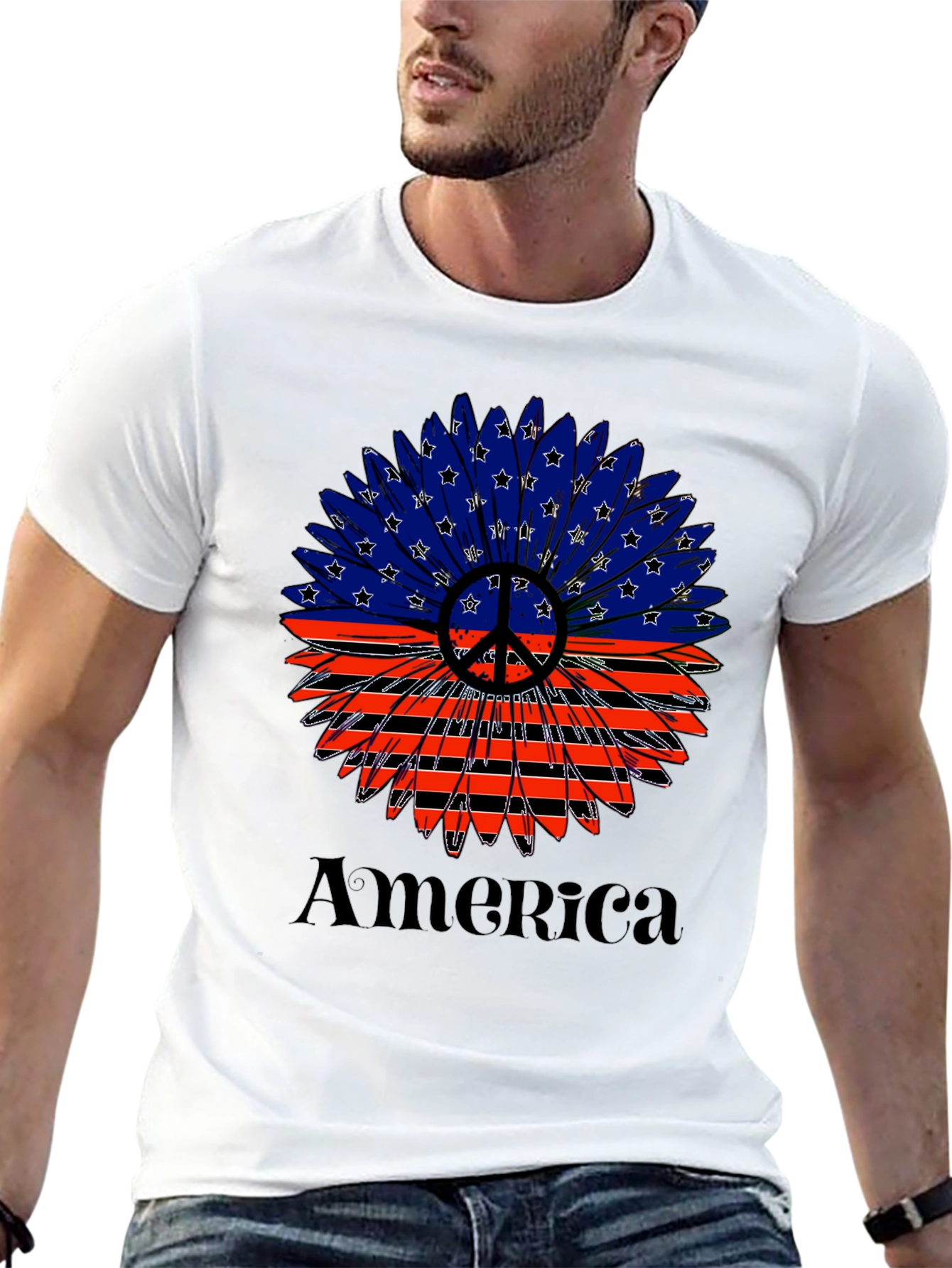 Patriotic America Peace Sign Sunflower Graphic T-Shirt