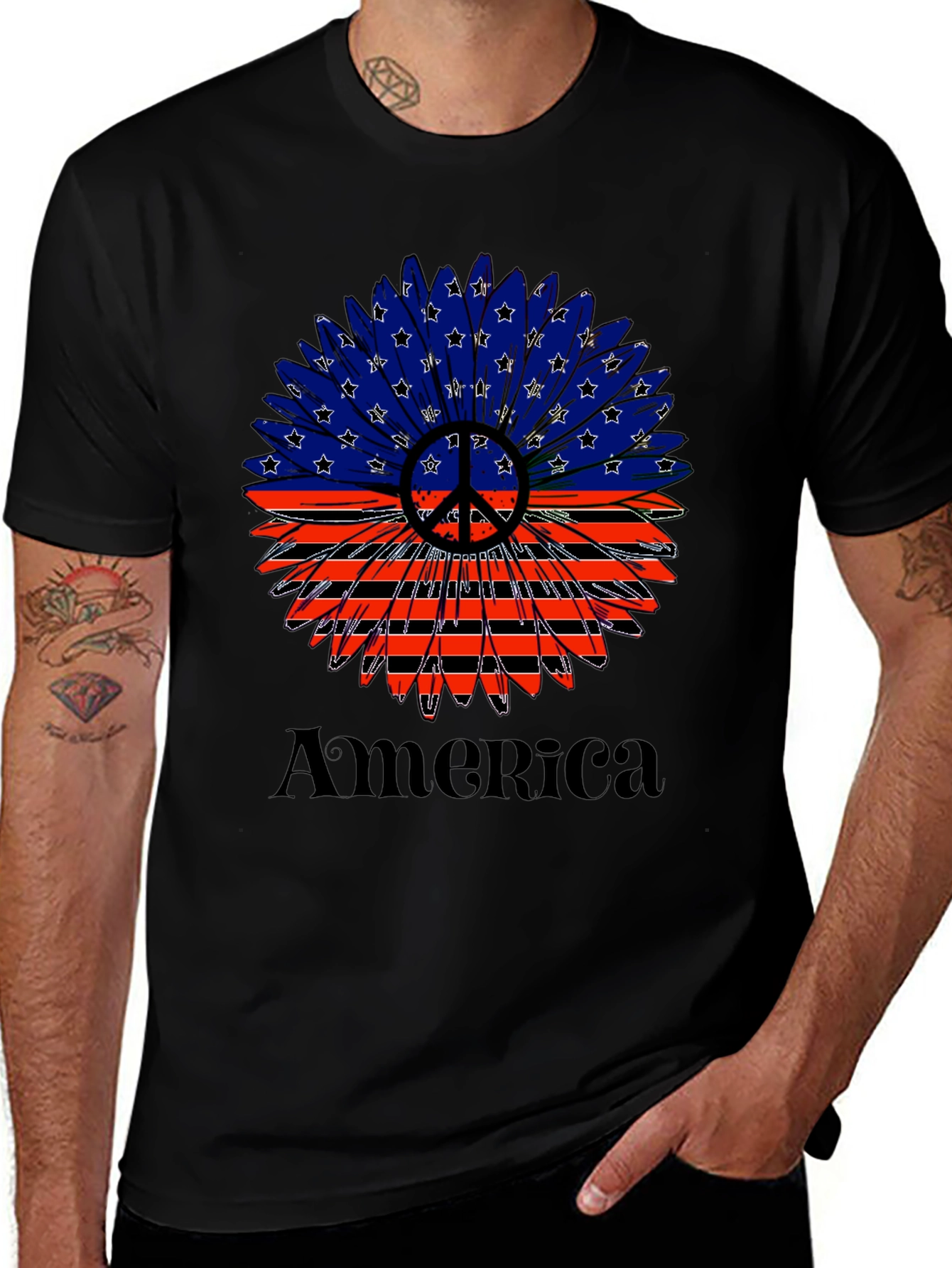 Patriotic America Peace Sign Sunflower Graphic T-Shirt