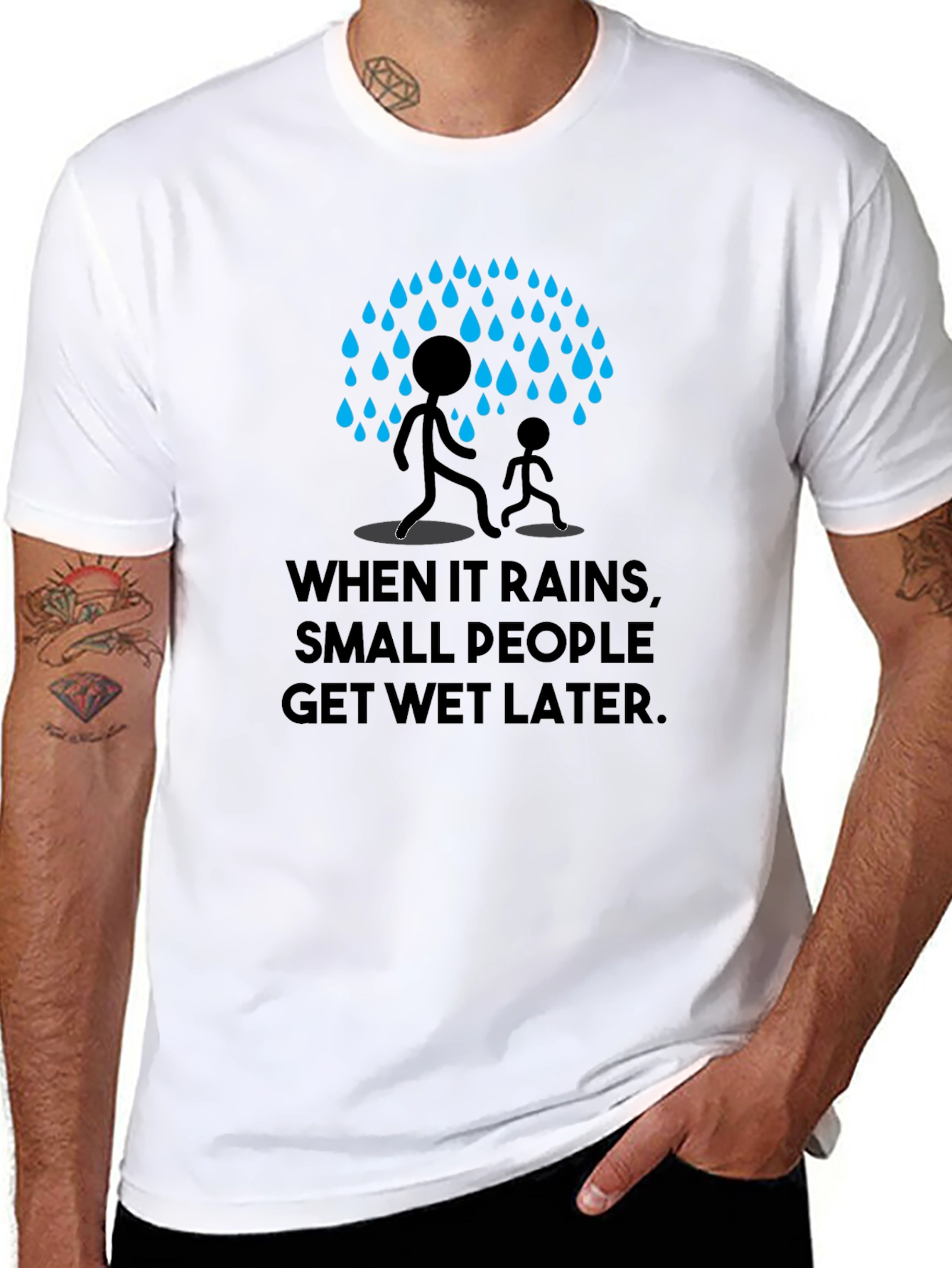 Humorous When It Rains Graphic Print Black T-Shirt