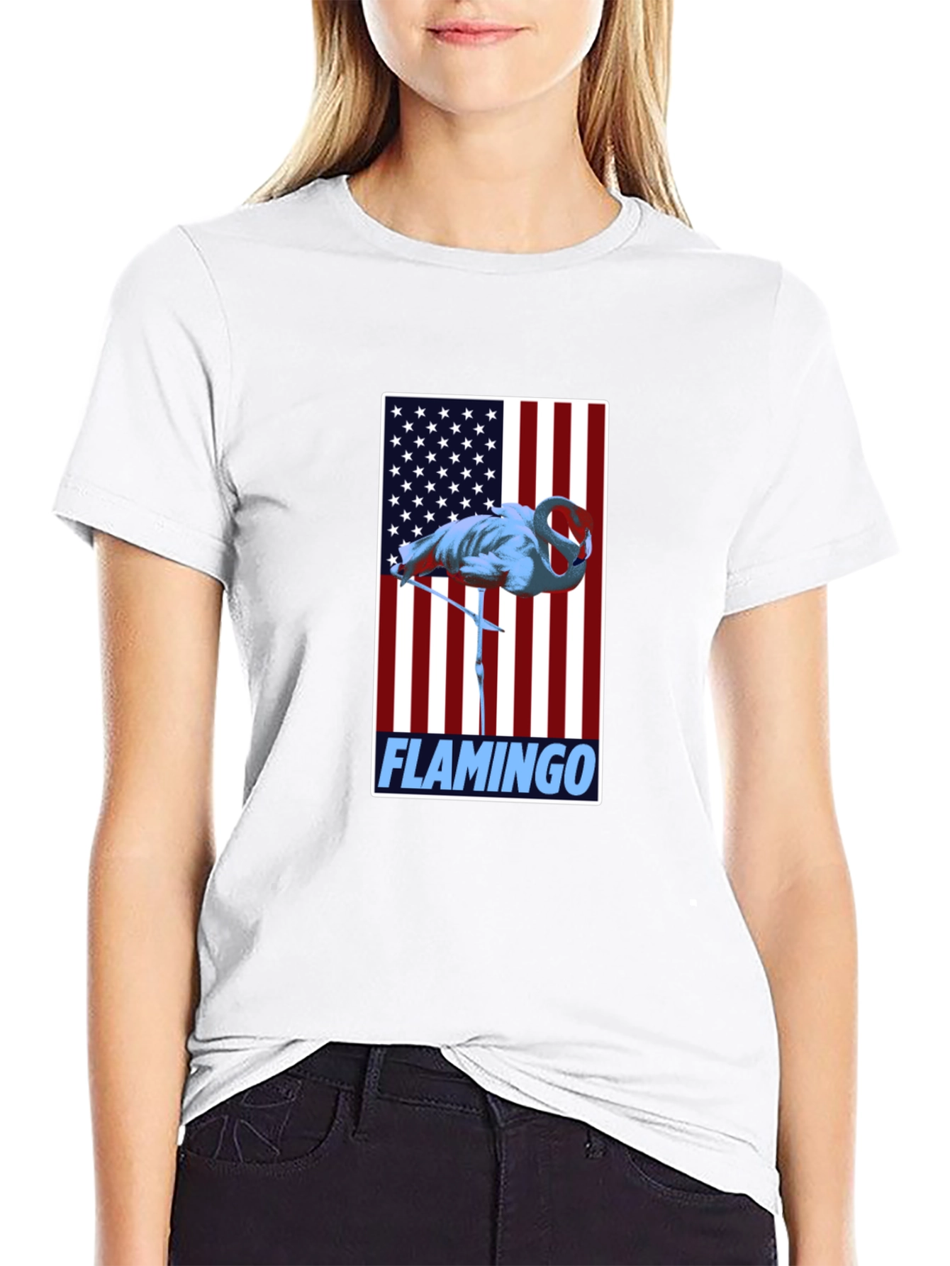 Flamingo American Flag Graphic Tee - Patriotic Bird Shirt