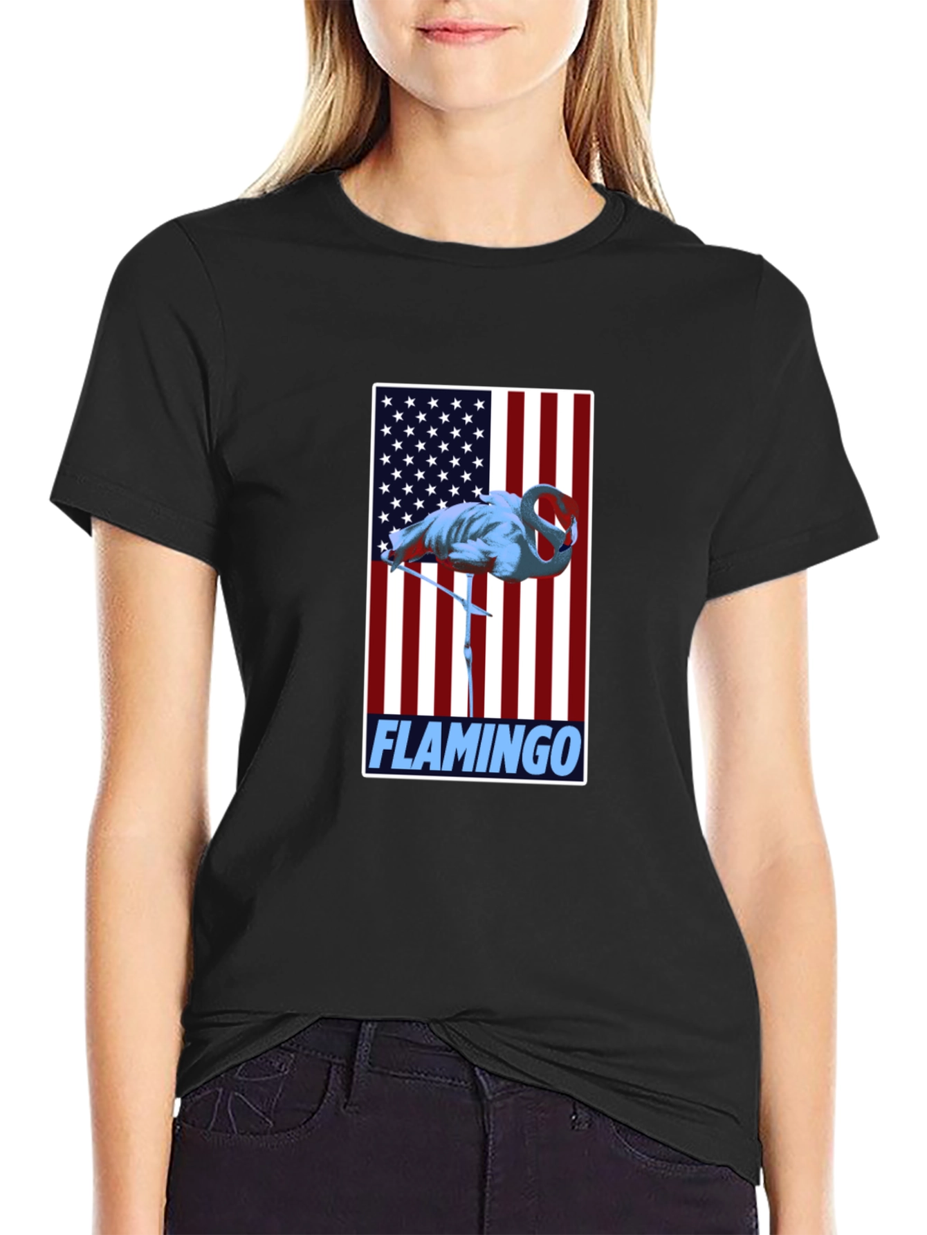 Flamingo American Flag Graphic Tee - Patriotic Bird Shirt