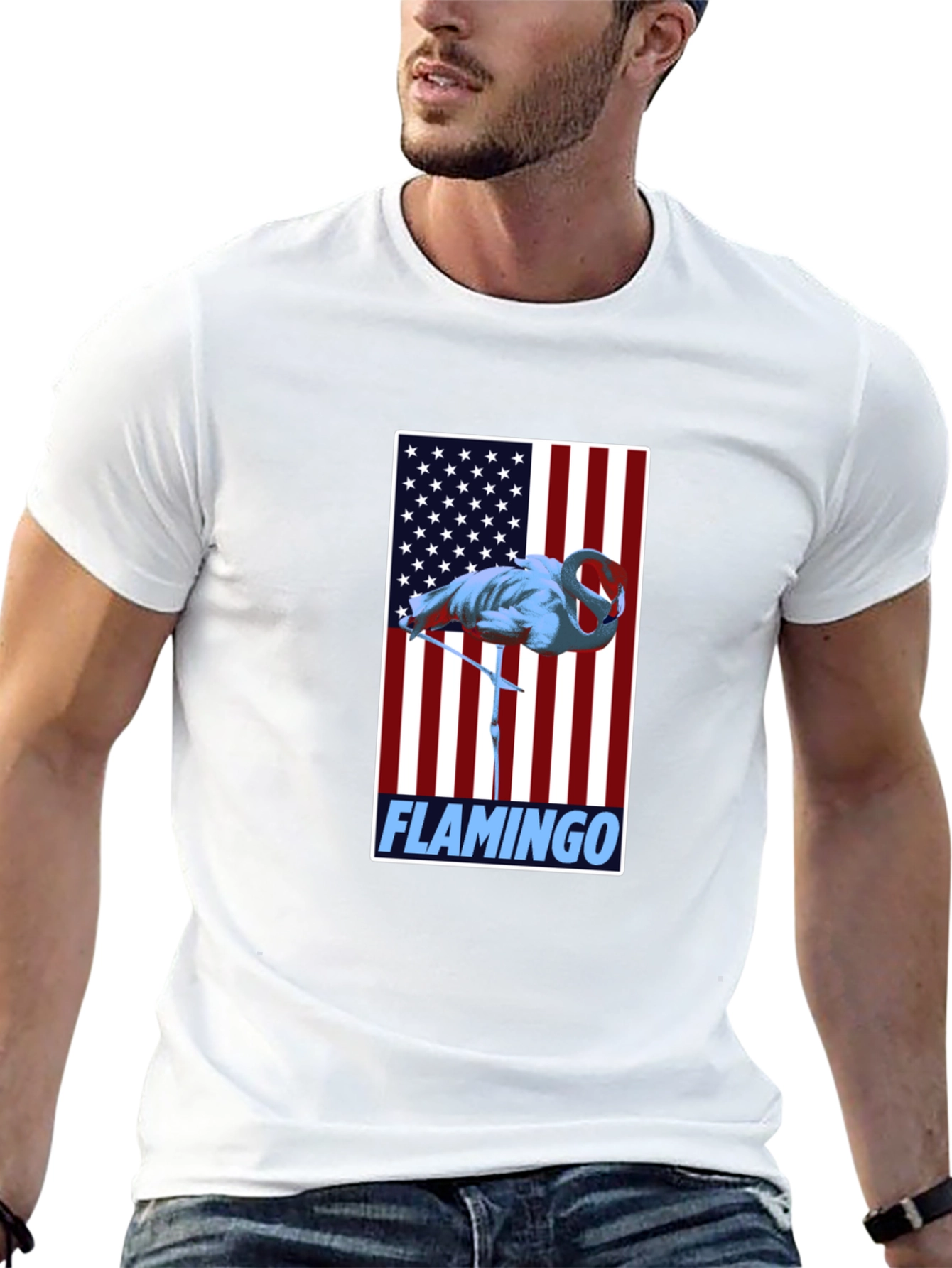 Flamingo American Flag Graphic Tee - Patriotic Bird Shirt