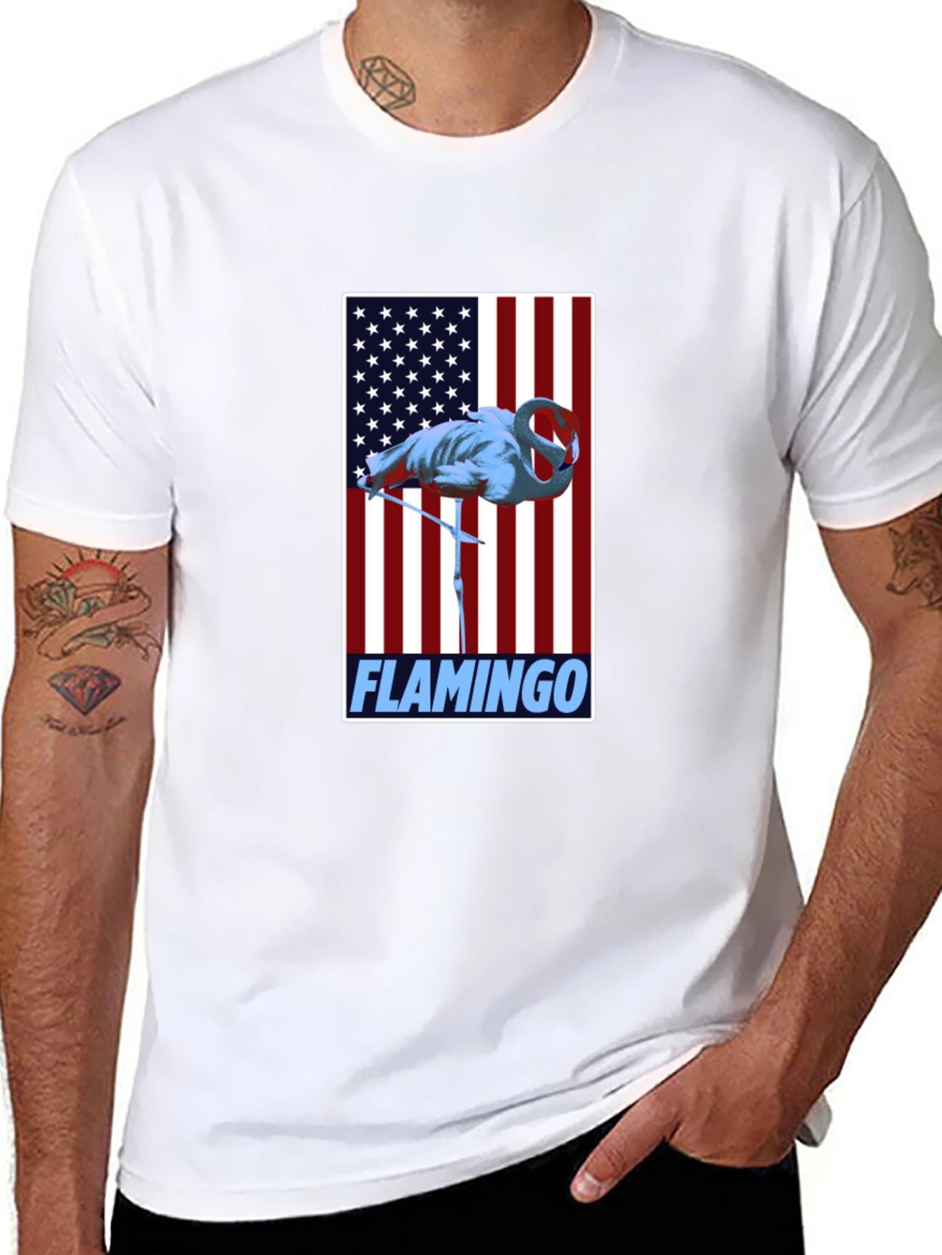 Flamingo American Flag Graphic Tee - Patriotic Bird Shirt