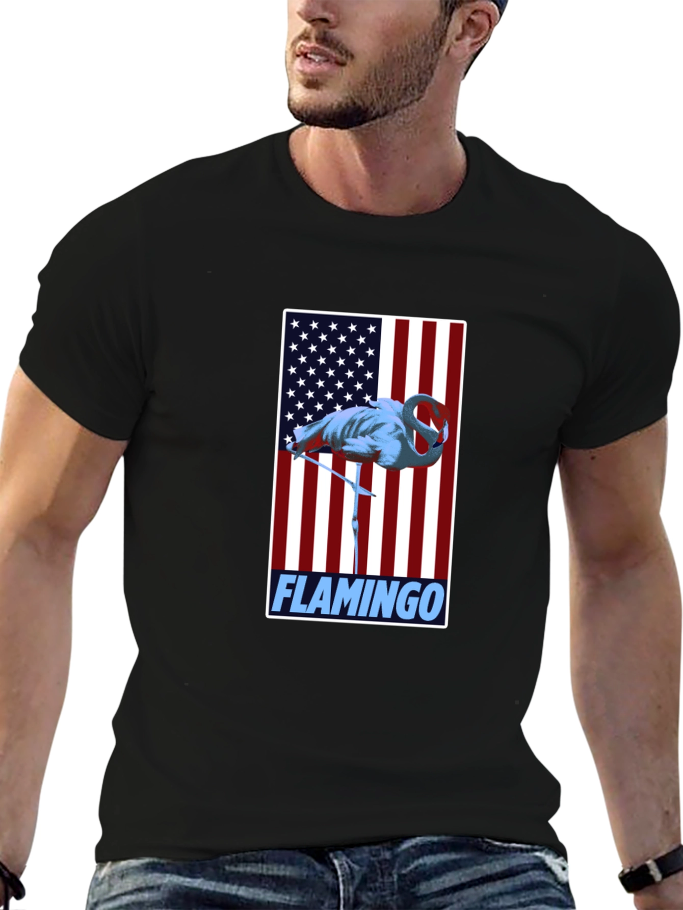 Flamingo American Flag Graphic Tee - Patriotic Bird Shirt