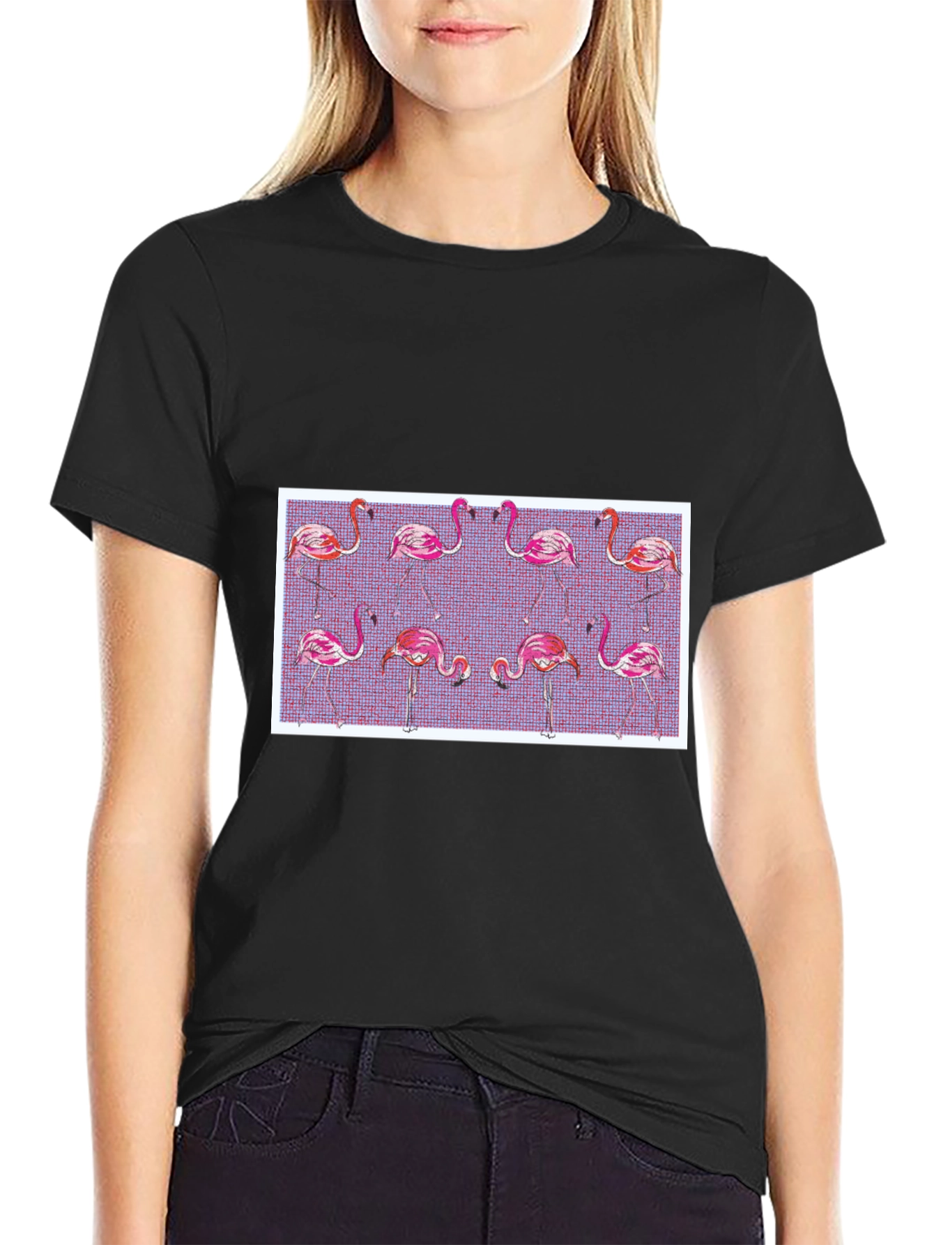 Flamingo Pattern Black T-Shirt