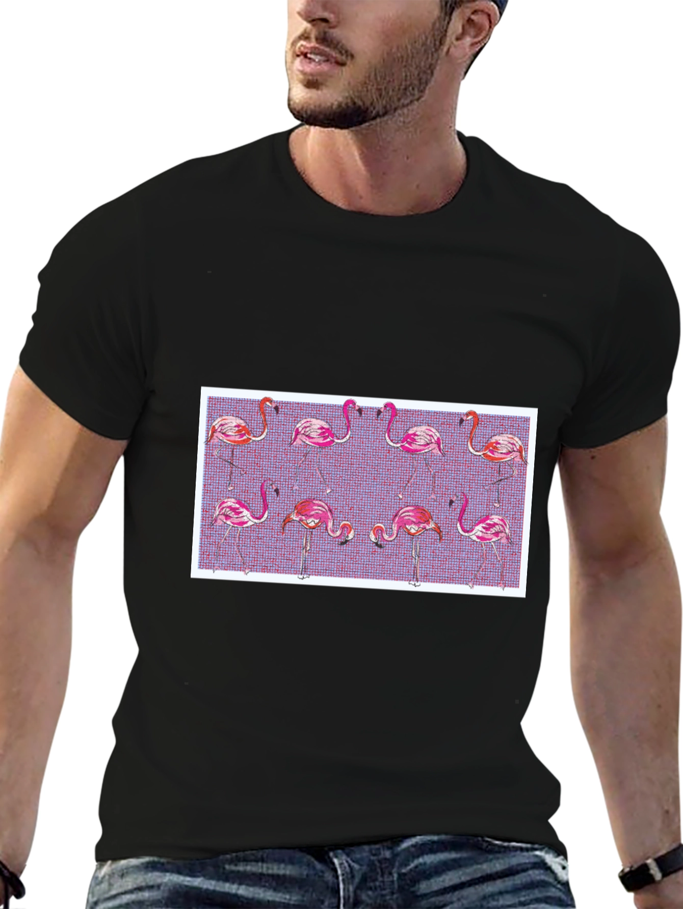 Flamingo Pattern Black T-Shirt