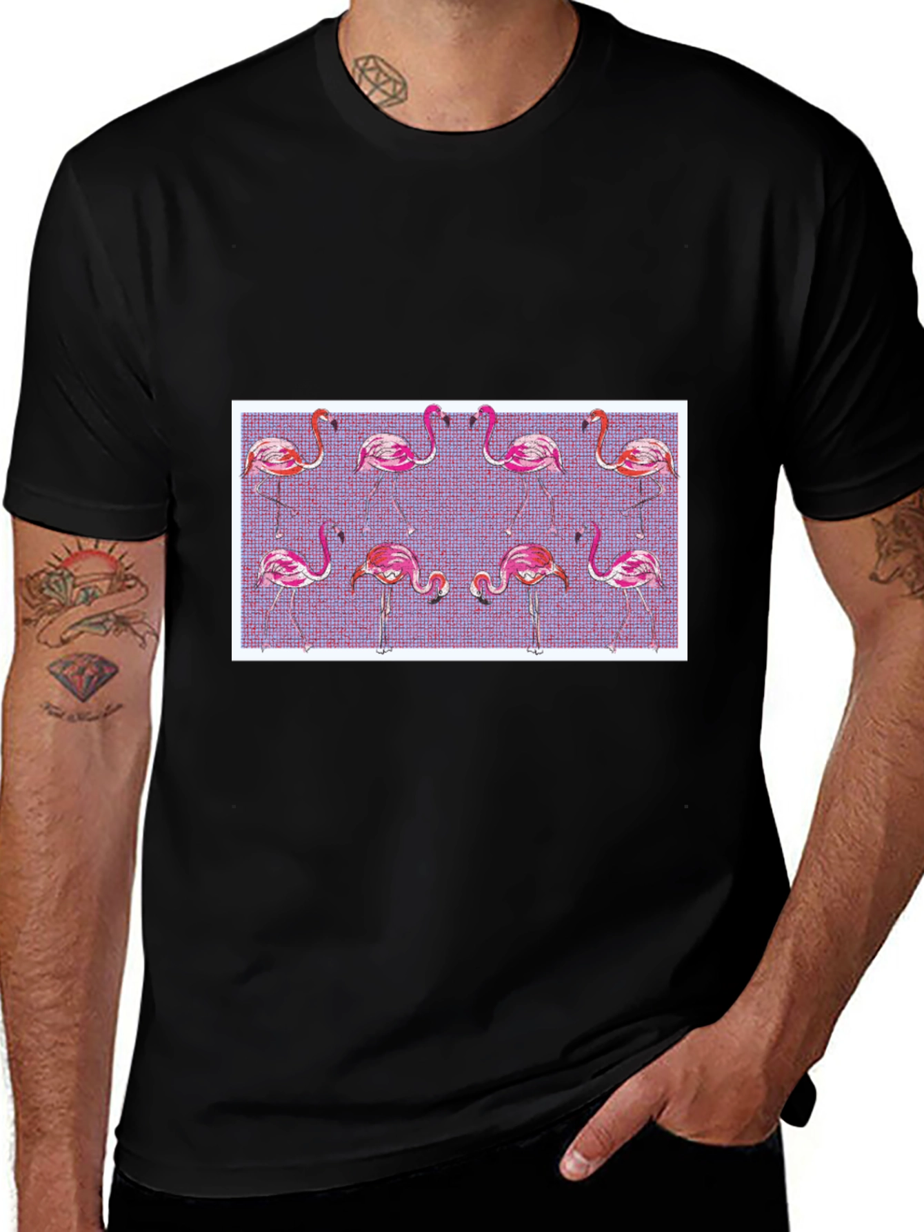 Flamingo Pattern Black T-Shirt