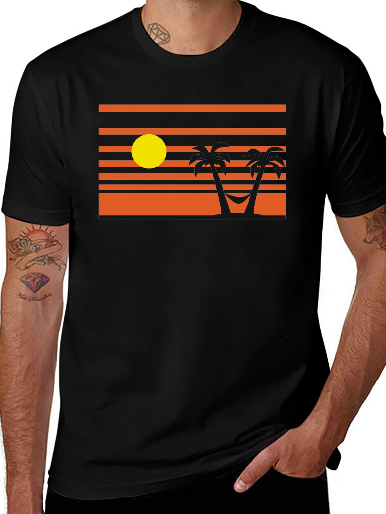 Sunset Beach T-Shirt - Relaxed Palm Tree Hammock Design