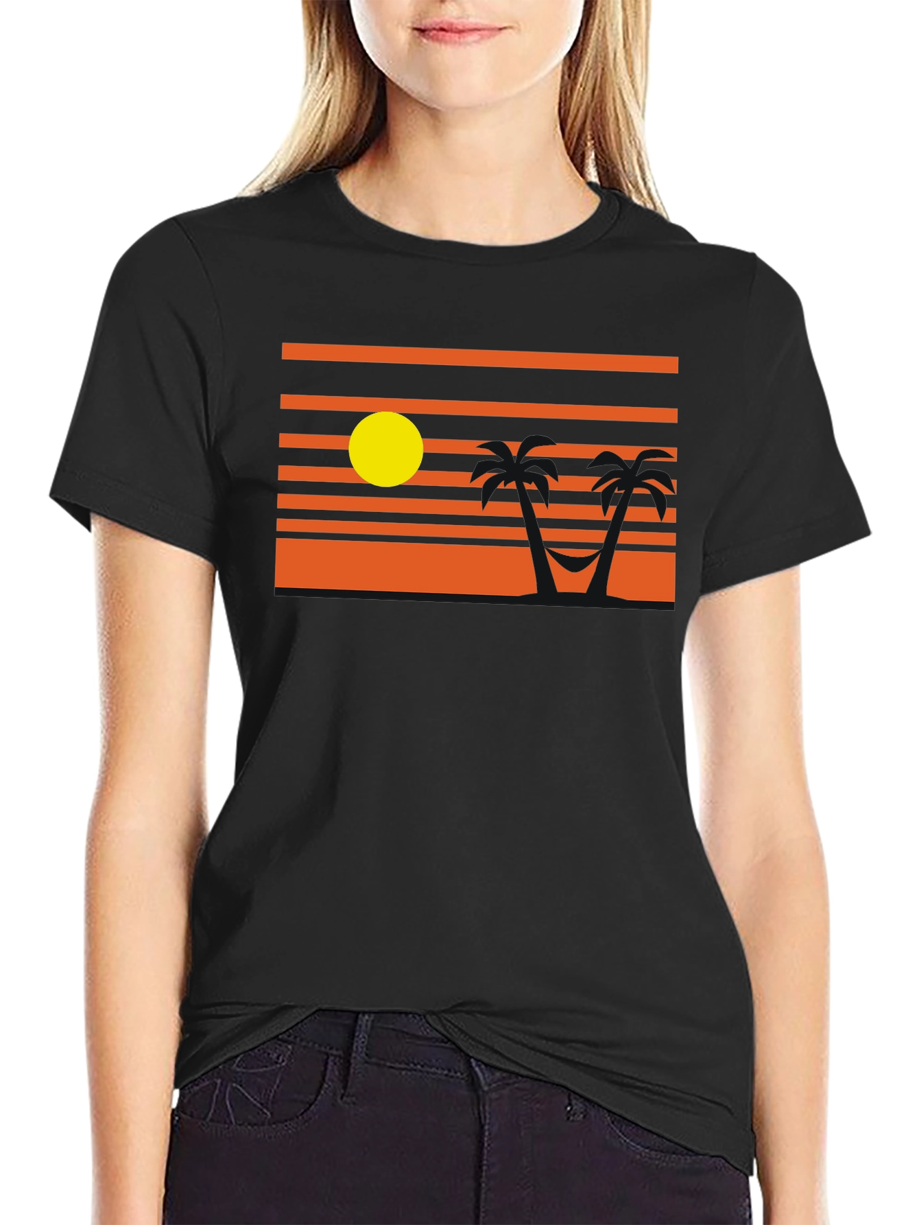 Sunset Beach T-Shirt - Relaxed Palm Tree Hammock Design