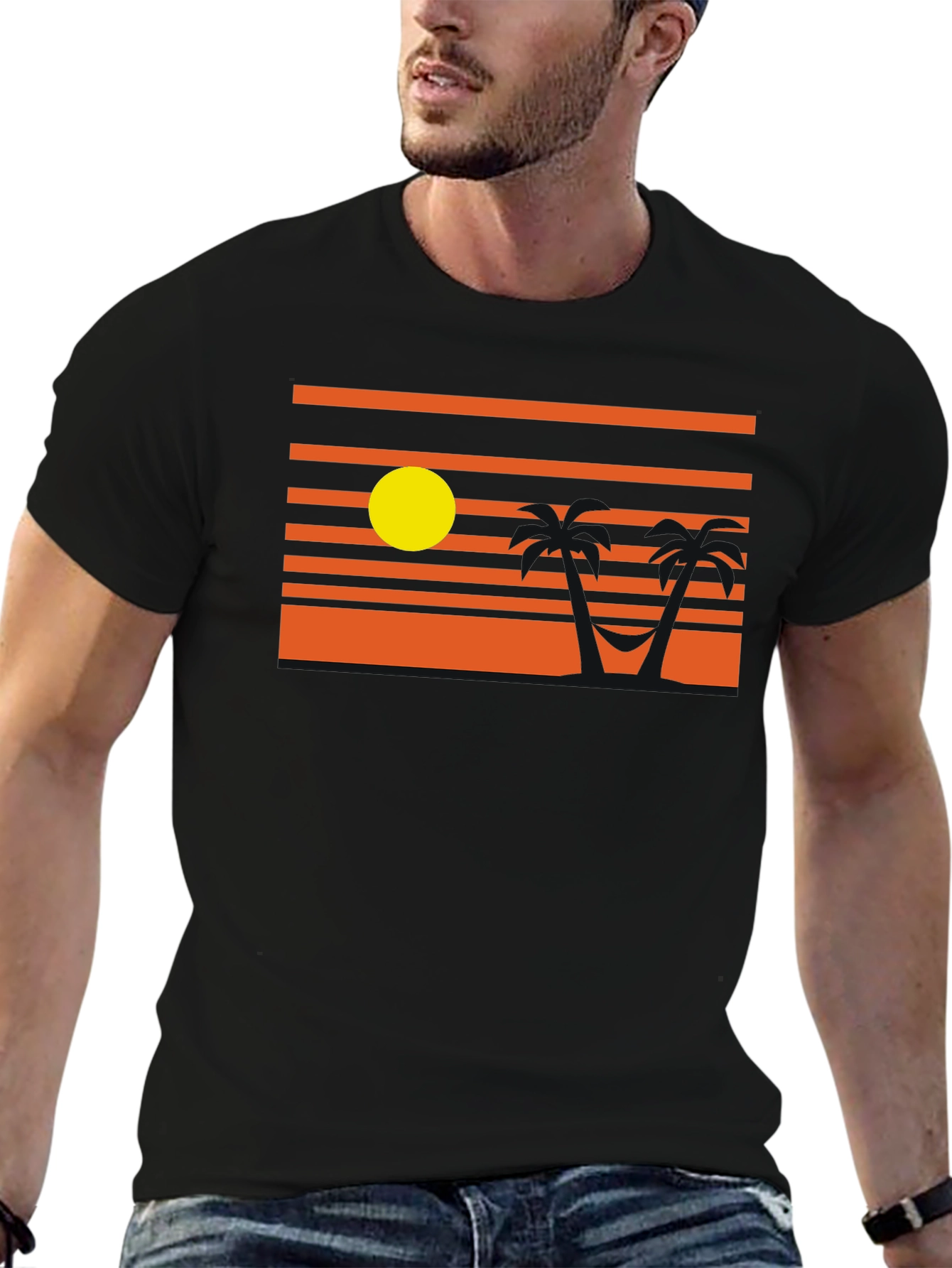 Sunset Beach T-Shirt - Relaxed Palm Tree Hammock Design