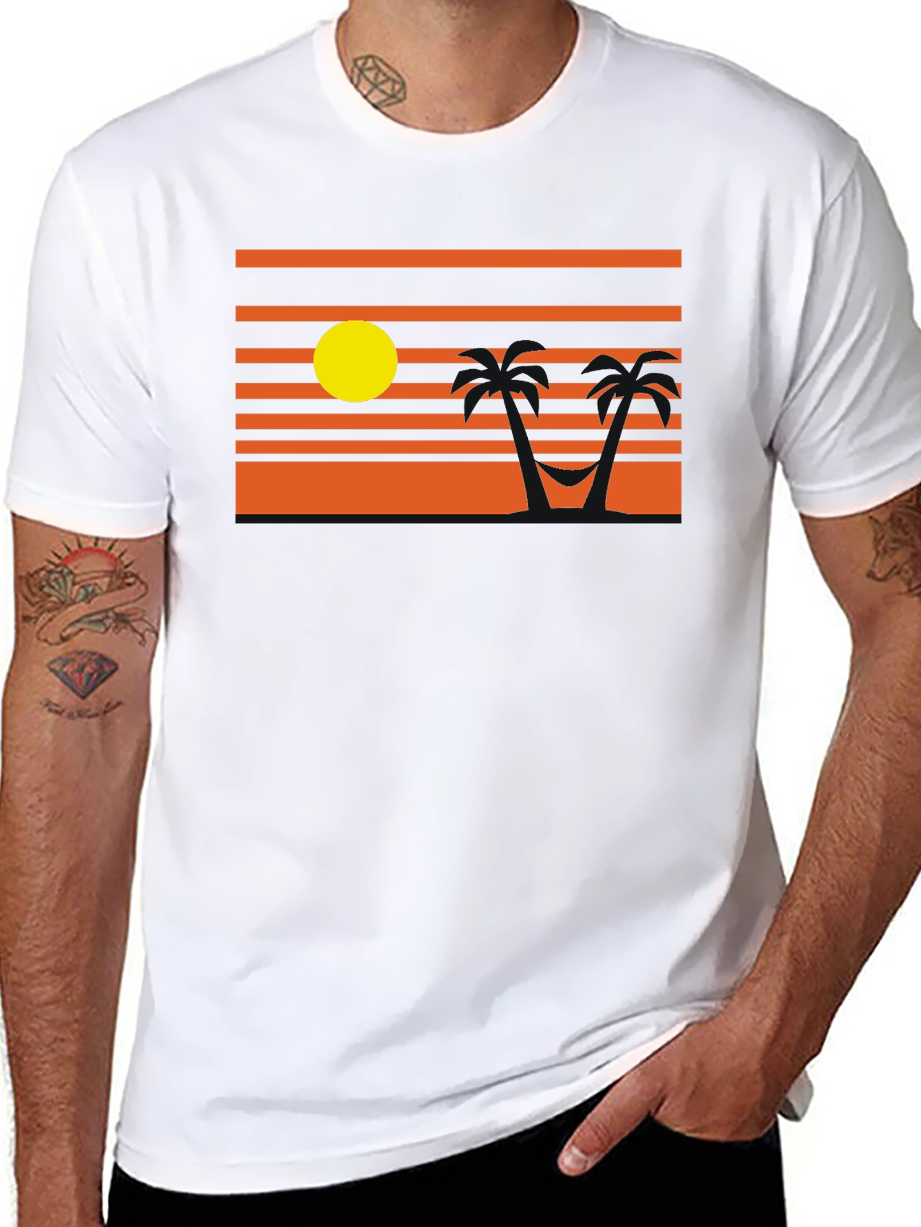 Sunset Beach T-Shirt - Relaxed Palm Tree Hammock Design