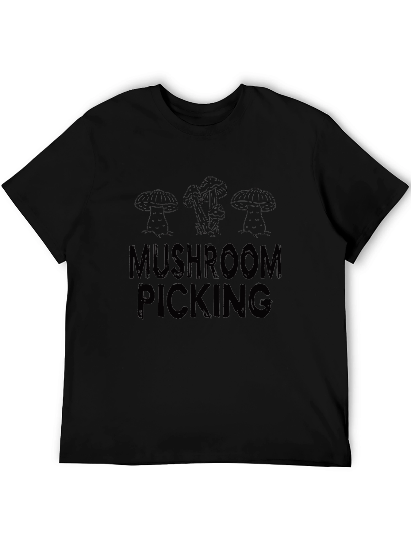 Mushroom Picking Graphic Tee - Black Cotton Casual Shirt