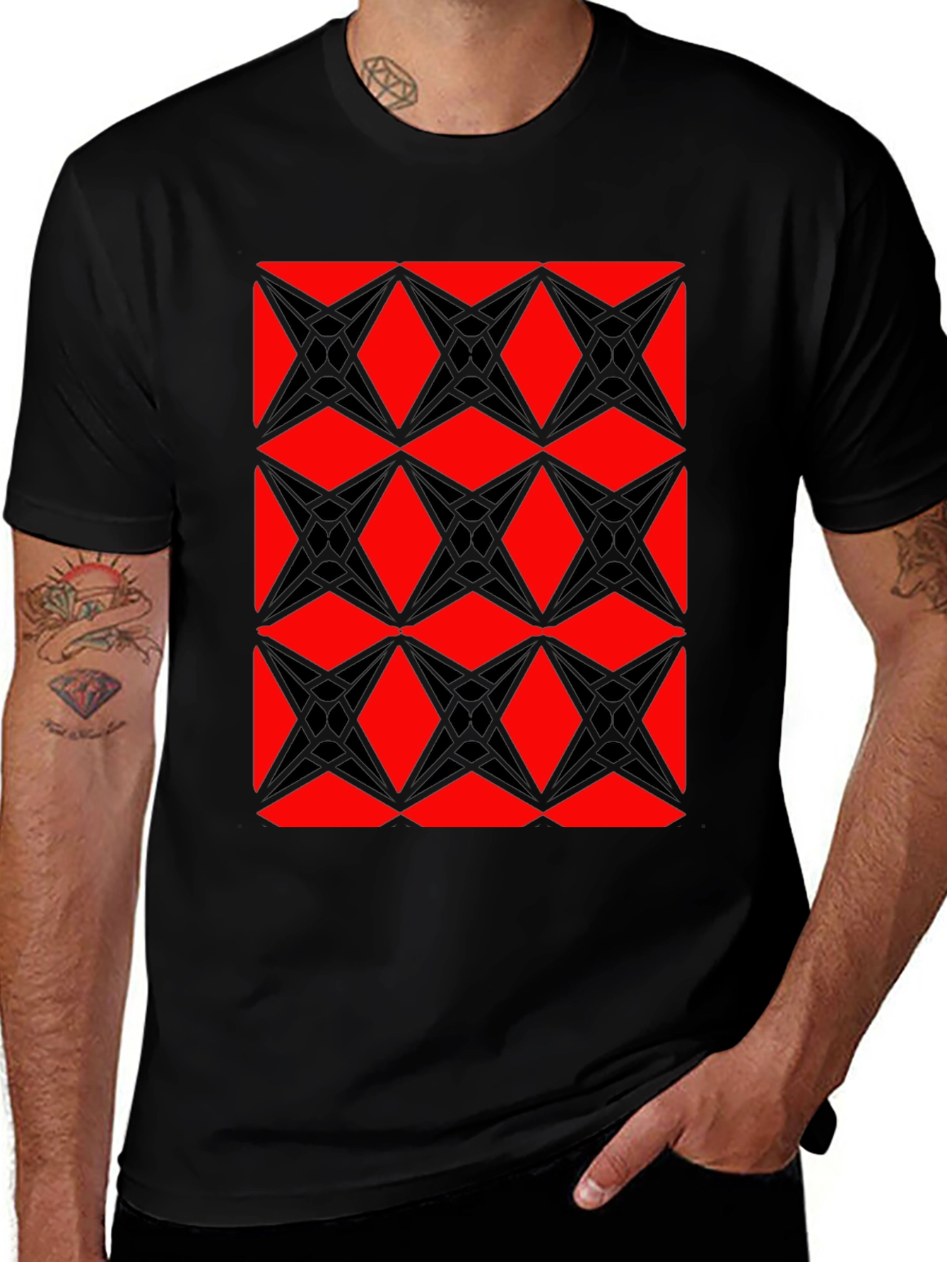 Geometric Starburst Pattern T-Shirt - Red & Black