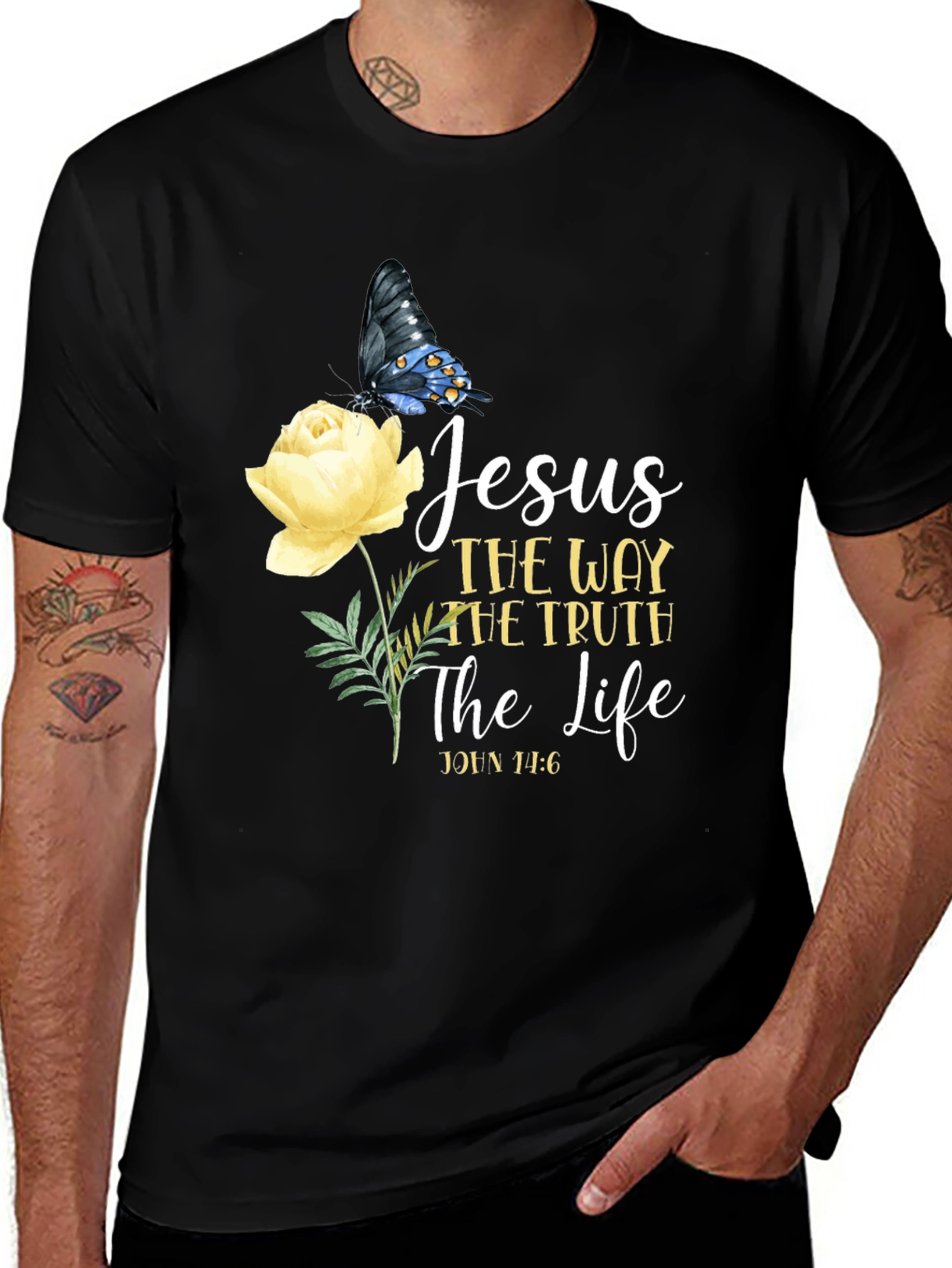 Jesus Way Truth Life T-Shirt Butterfly Rose Graphic