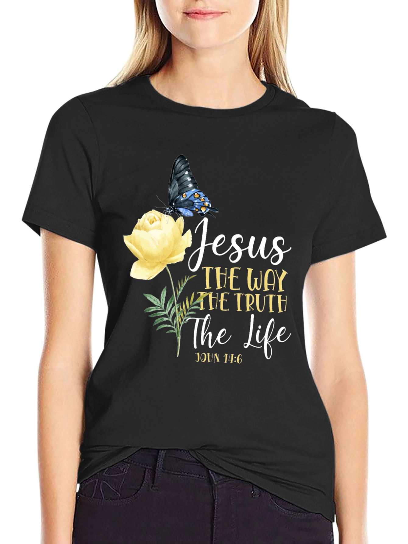 Jesus Way Truth Life T-Shirt Butterfly Rose Graphic