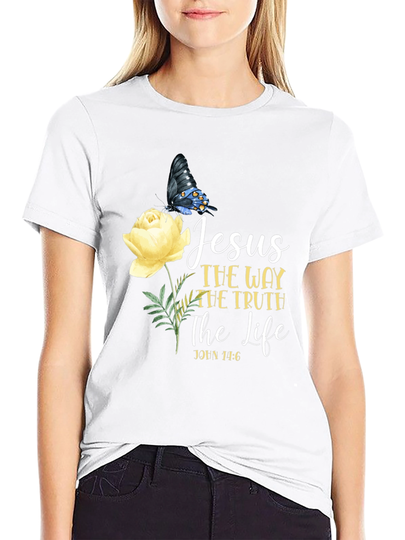 Jesus Way Truth Life T-Shirt Butterfly Rose Graphic