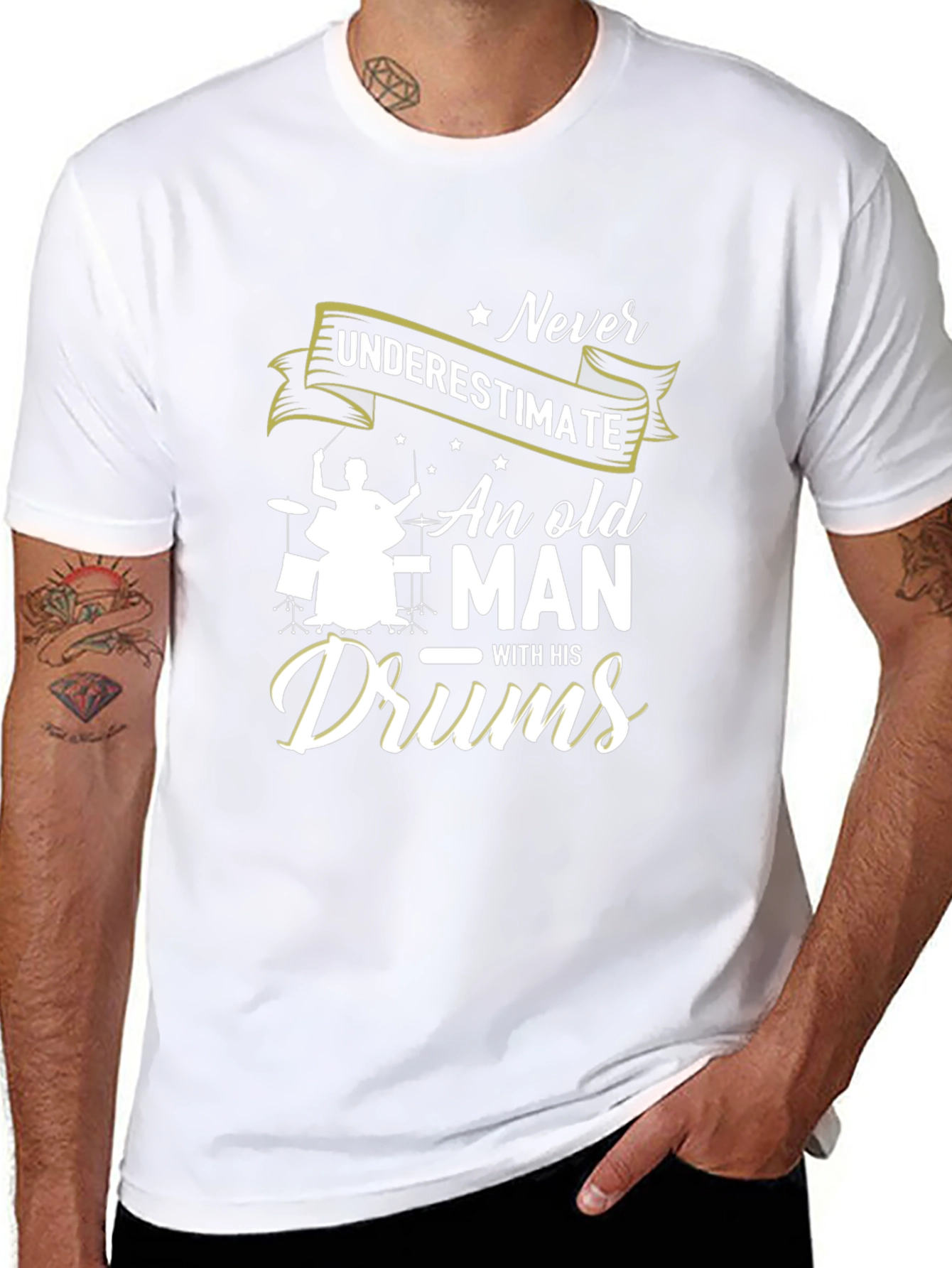 Never Underestimate Old Man with Drums Black T-Shirt
