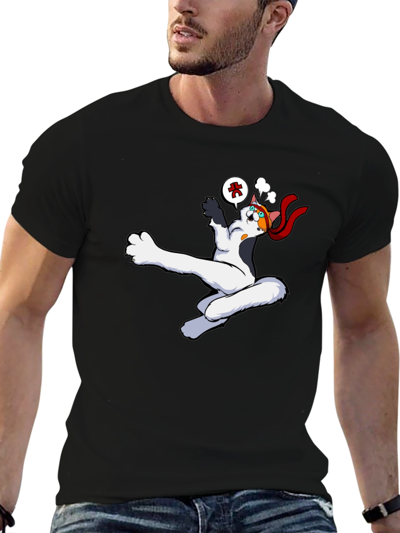 Funny Cartoon Cat Black T-Shirt