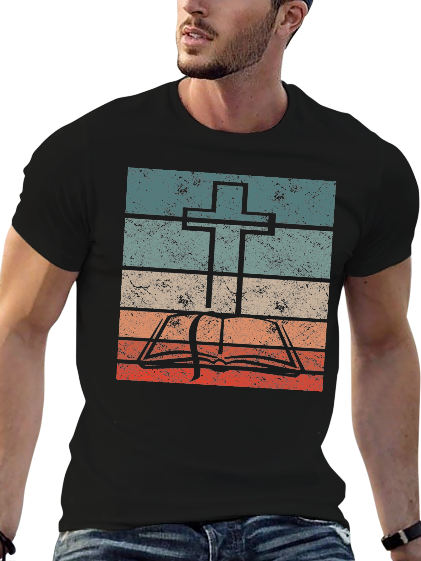 Retro Cross and Bible Graphic T-Shirt