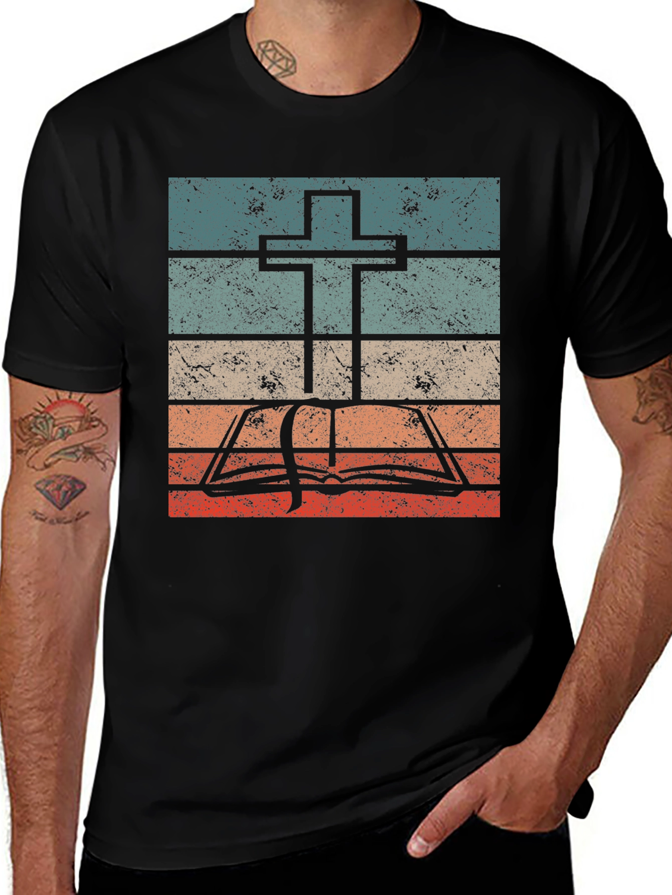 Retro Cross and Bible Graphic T-Shirt