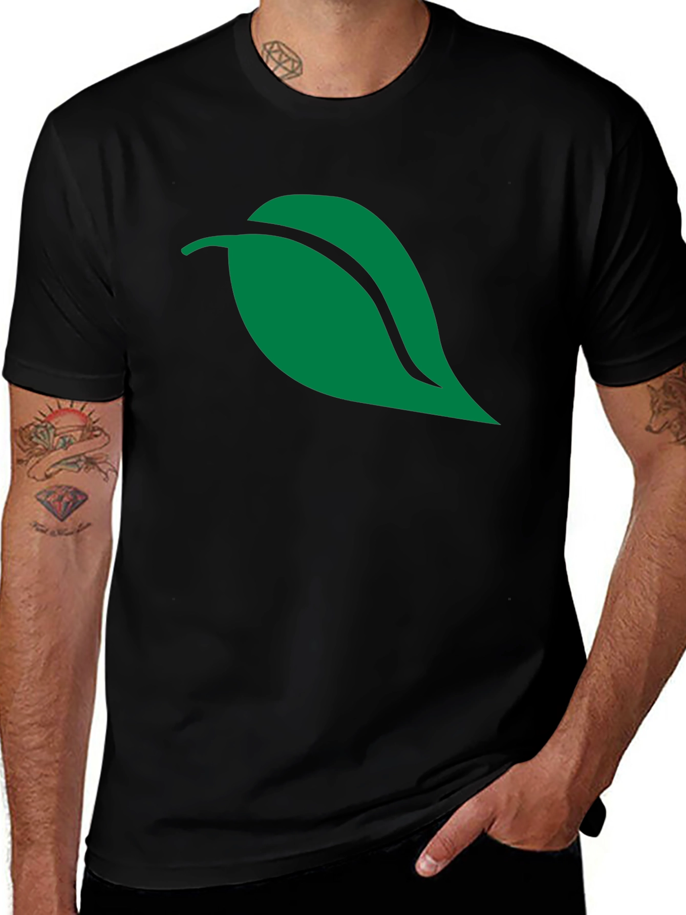 Green Leaf Graphic Black T-Shirt