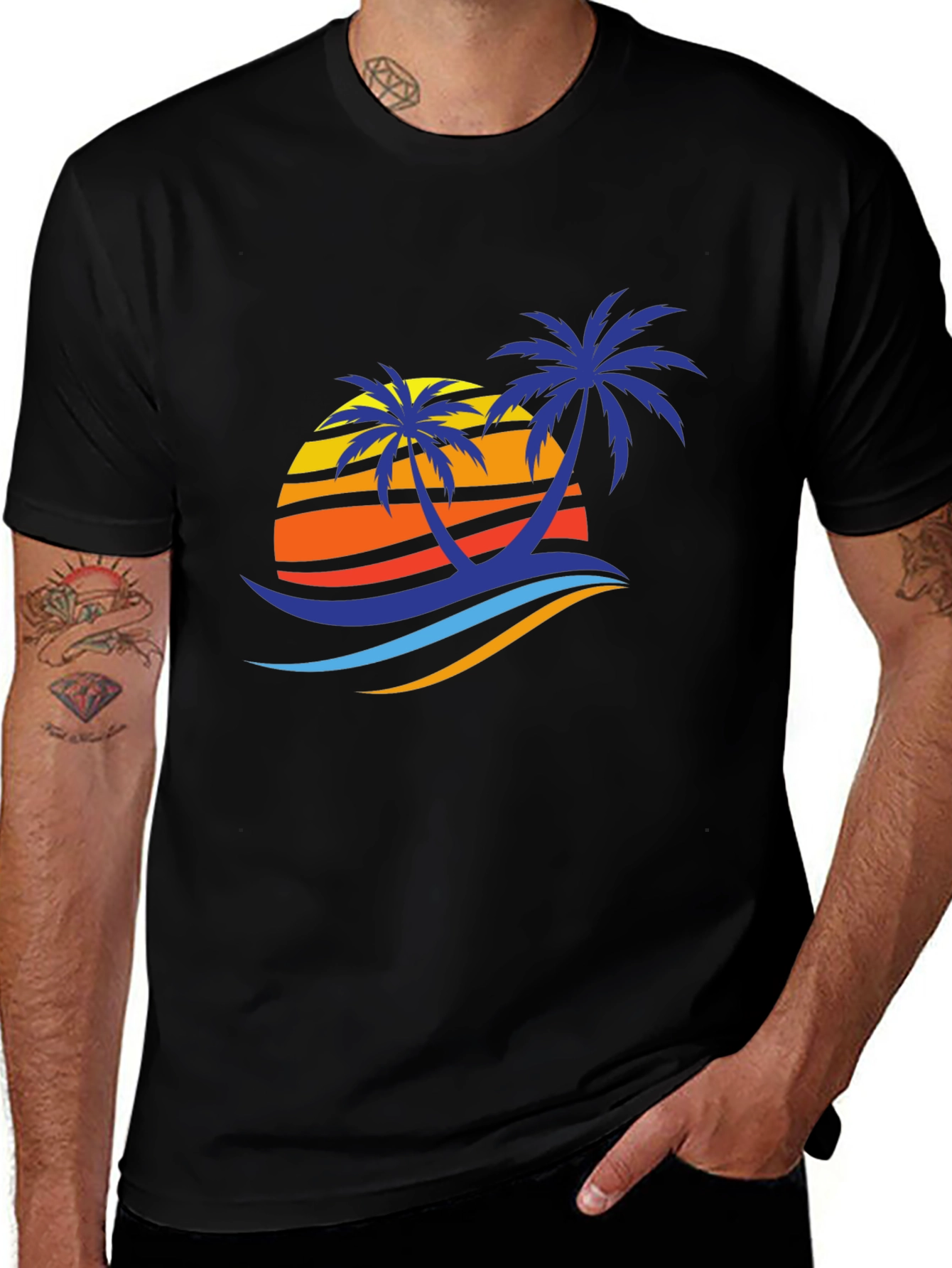 Tropical Palm Sunset Graphic Tee - Black Cotton Blend