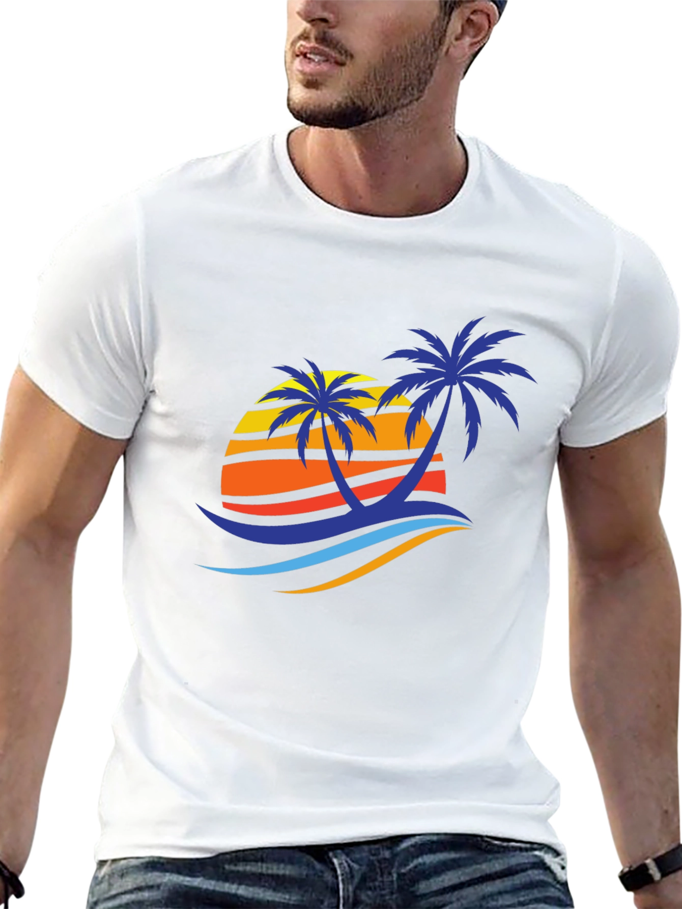 Tropical Palm Sunset Graphic Tee - Black Cotton Blend