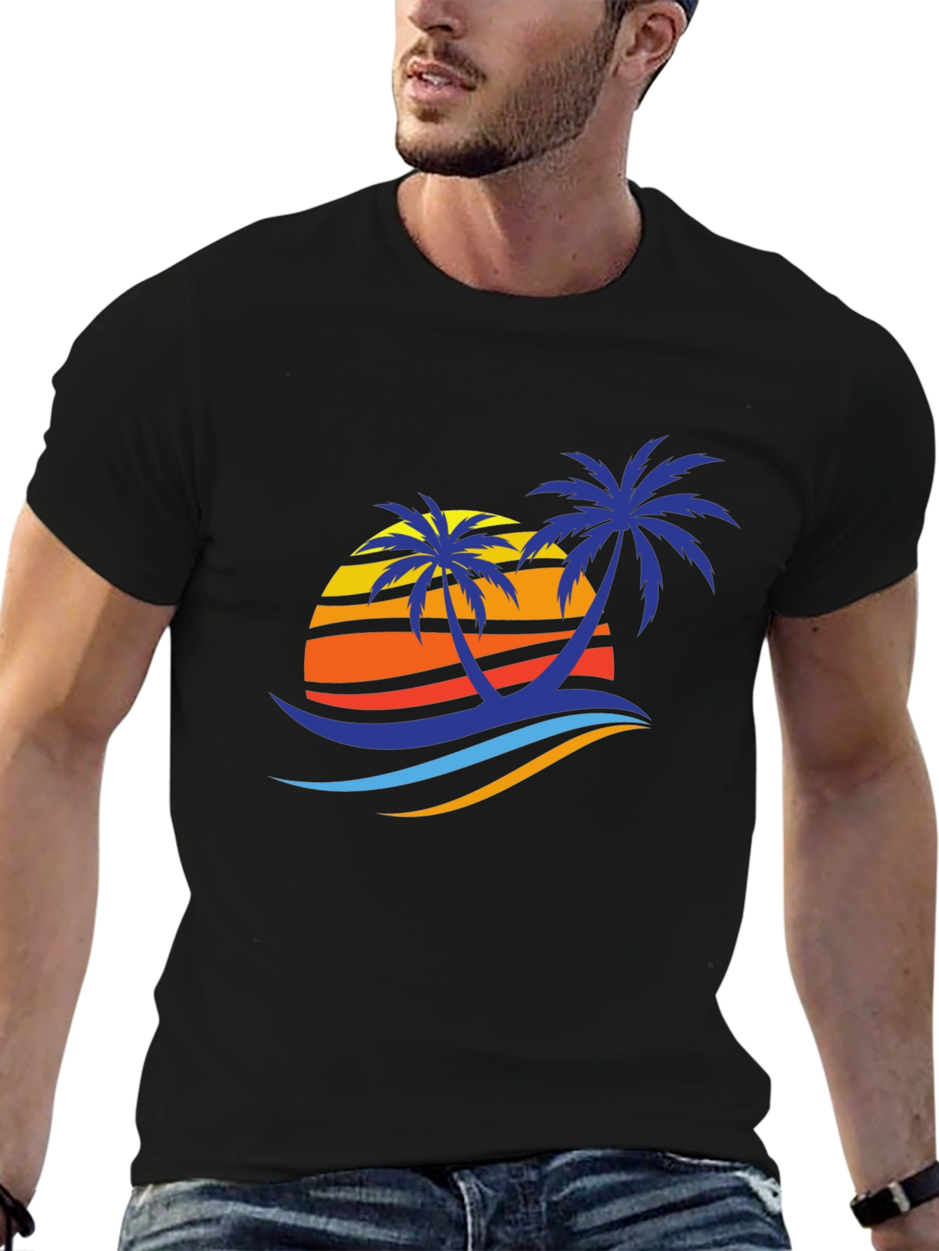 Tropical Palm Sunset Graphic Tee - Black Cotton Blend