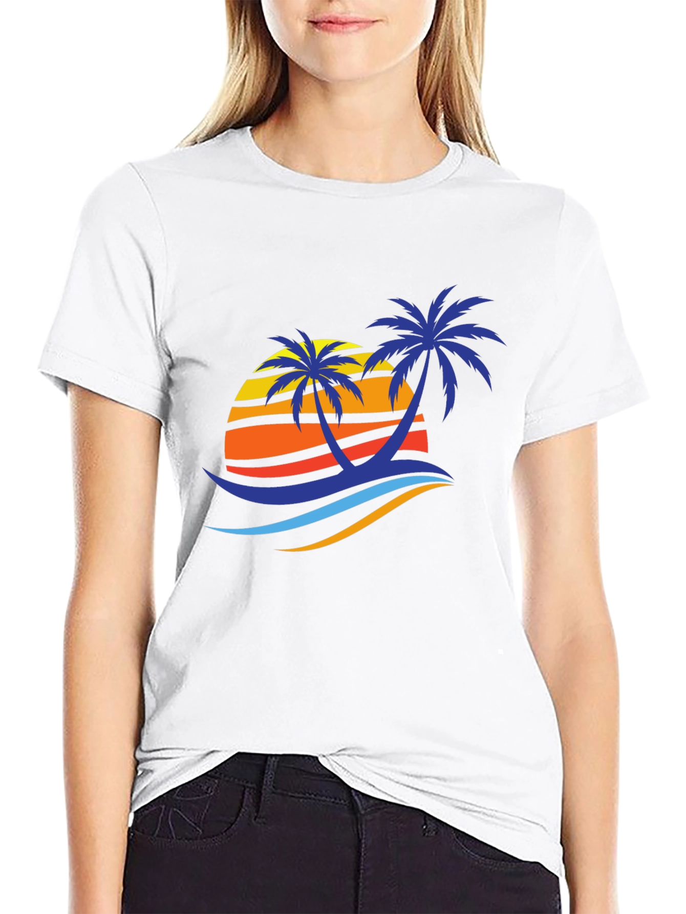 Tropical Palm Sunset Graphic Tee - Black Cotton Blend