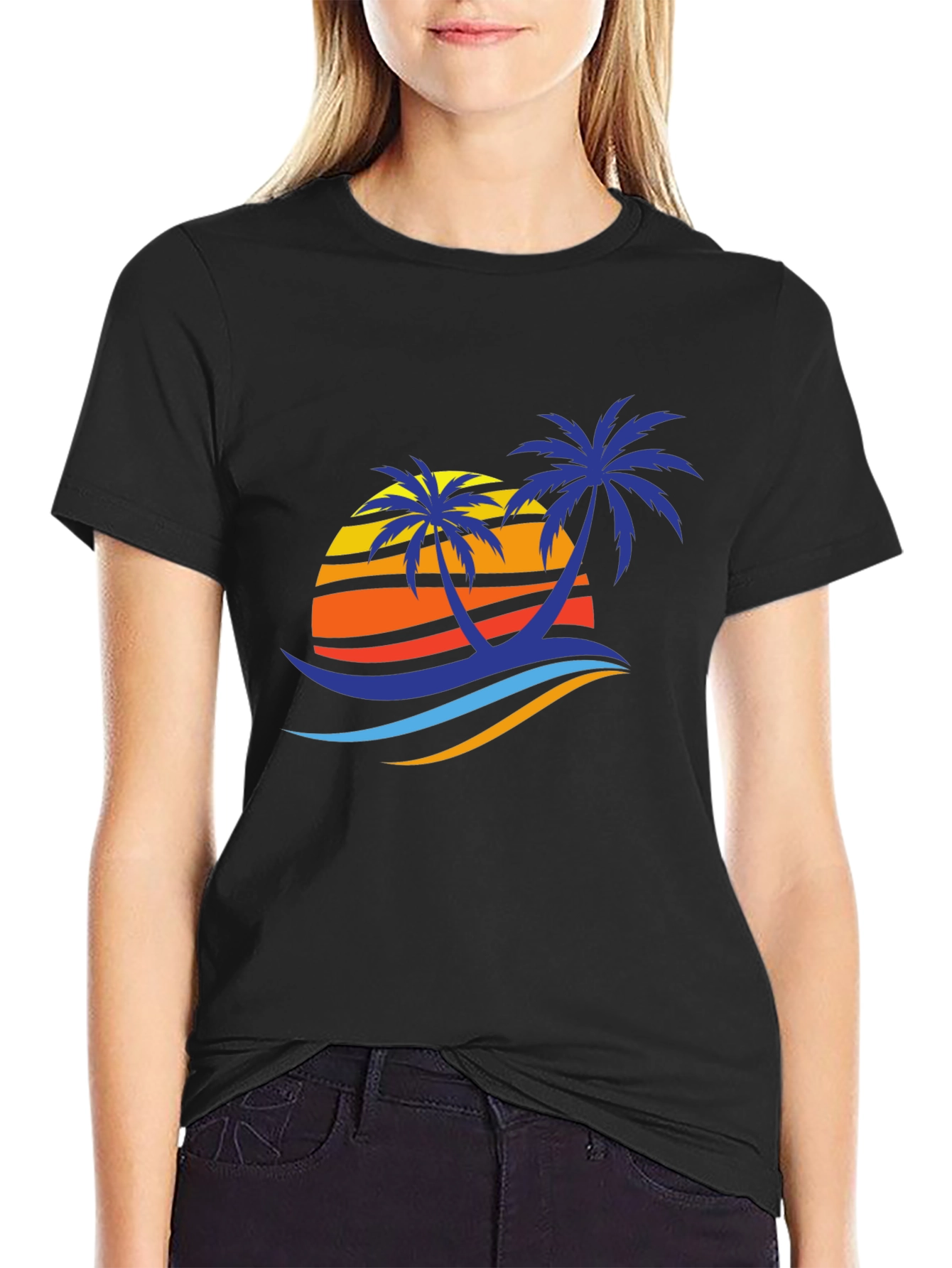 Tropical Palm Sunset Graphic Tee - Black Cotton Blend