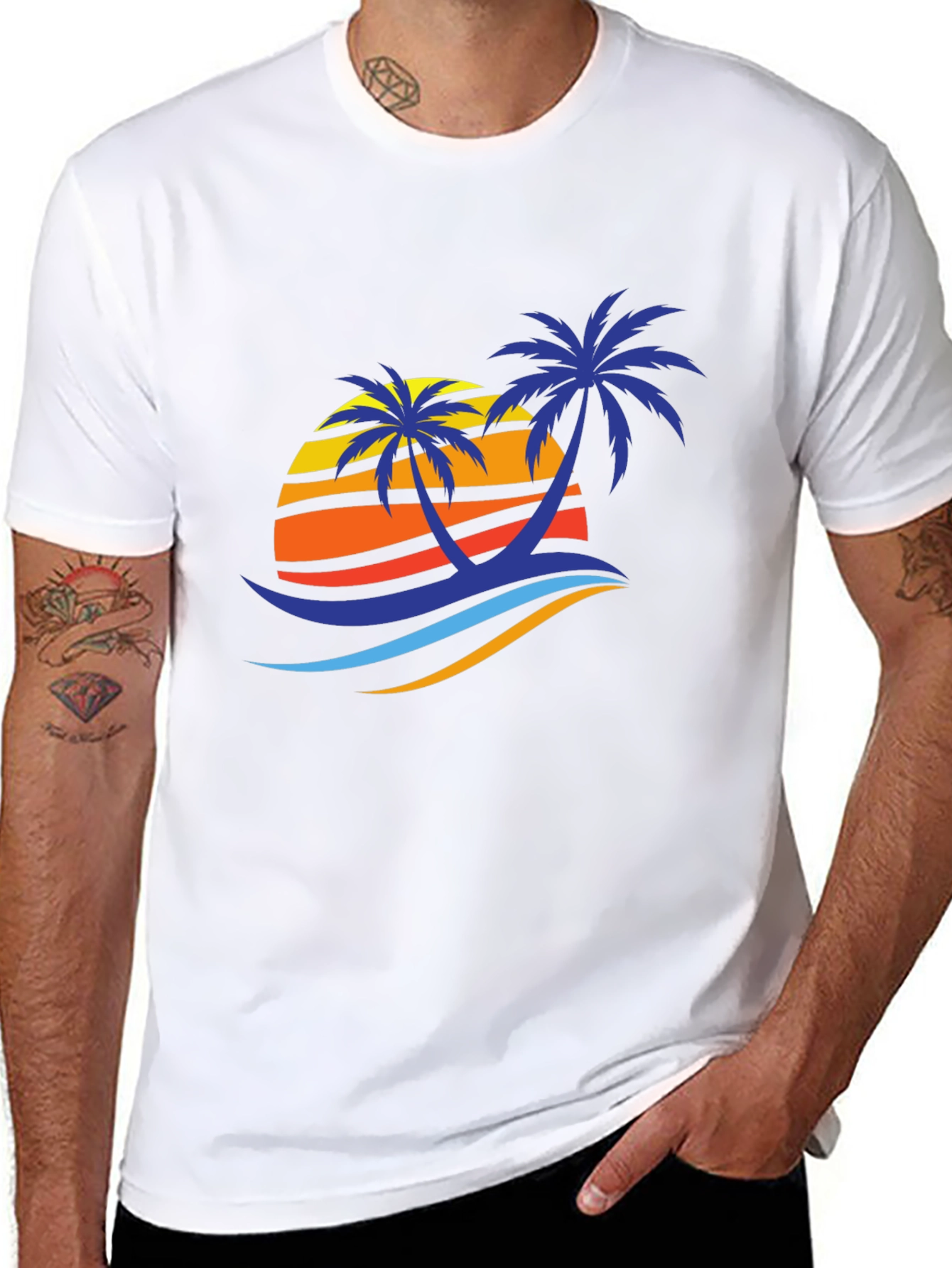 Tropical Palm Sunset Graphic Tee - Black Cotton Blend