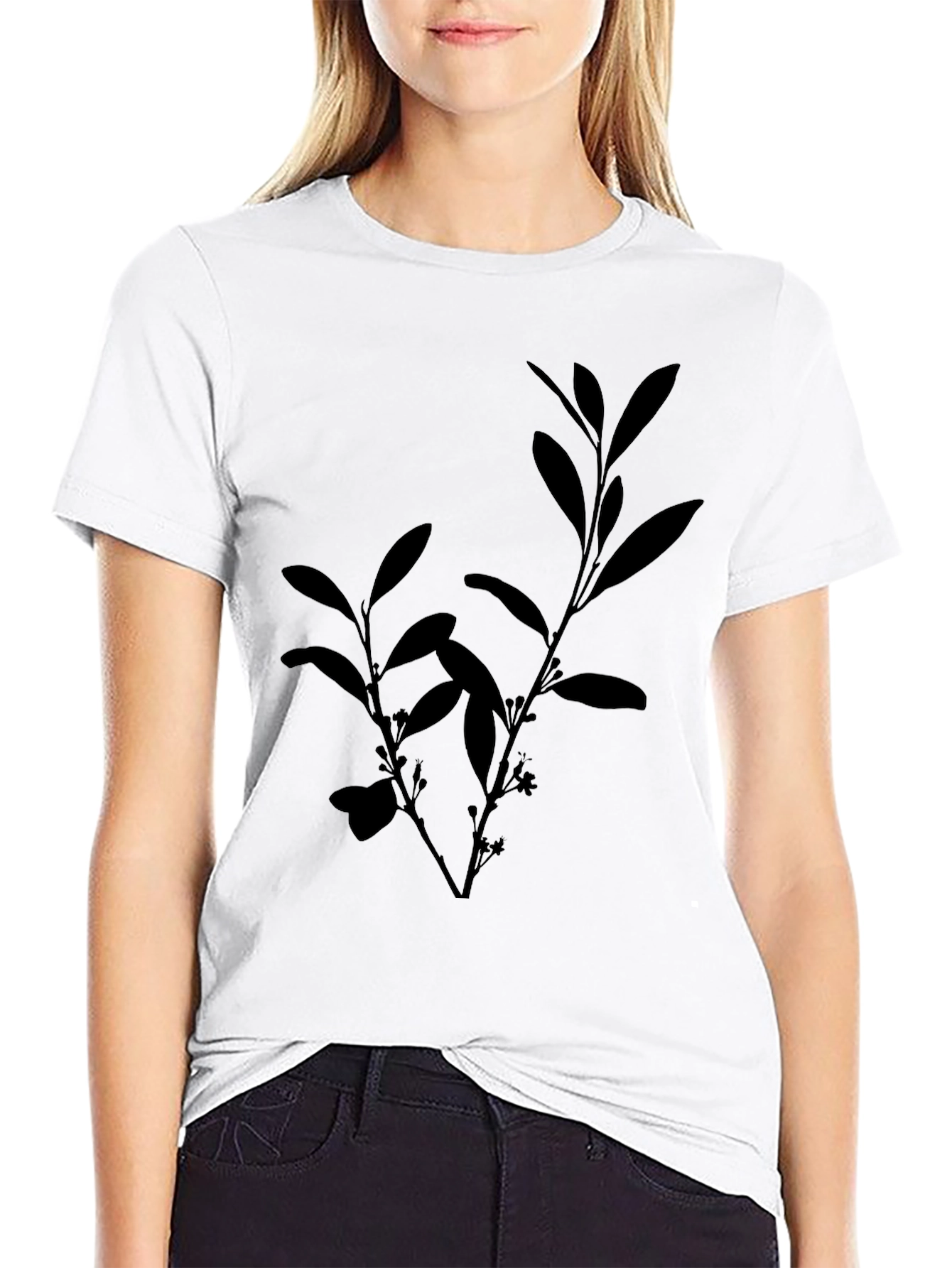 Black Tee with Botanical Silhouette