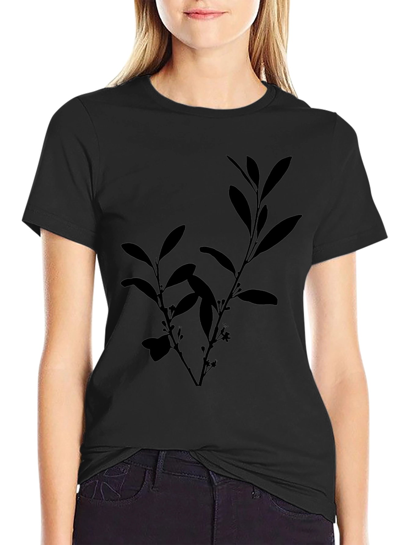 Black Tee with Botanical Silhouette