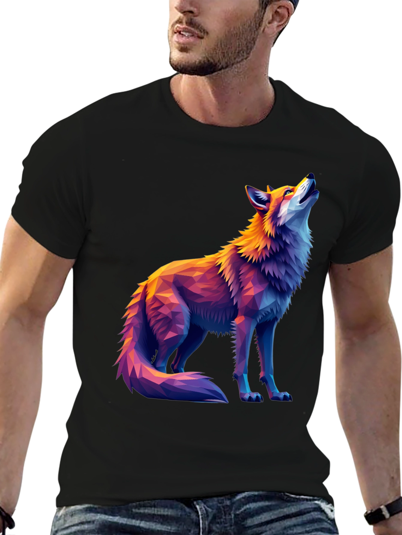 Geometric Wolf Graphic Tee - Artistic Black T-Shirt