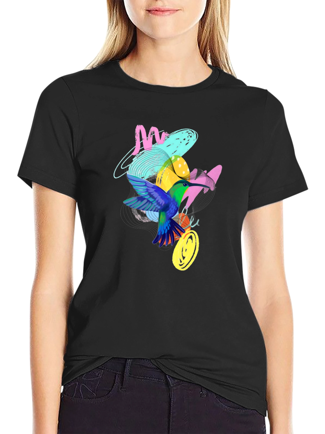 Hummingbird Graphic Print Black T-Shirt