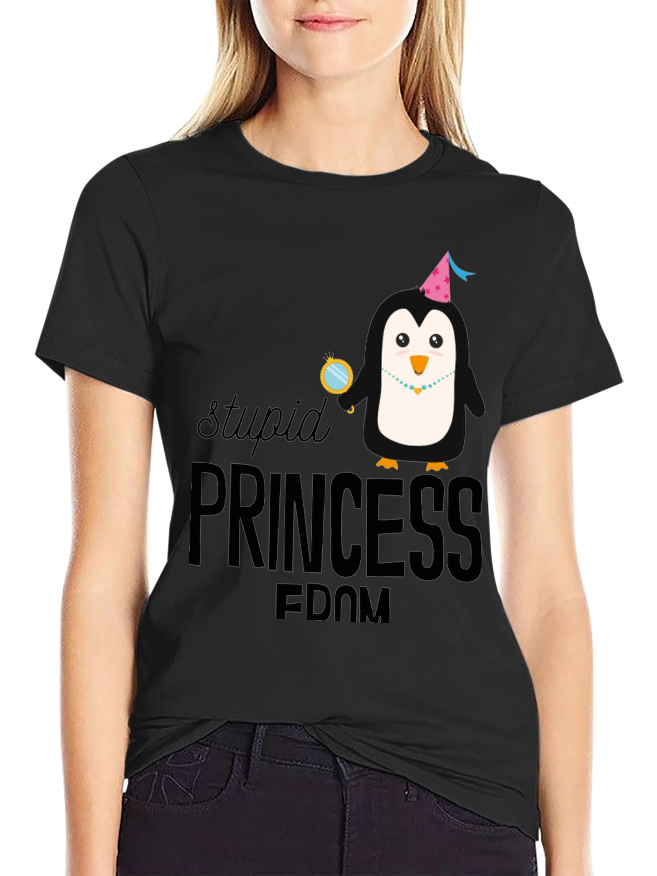 Stupid Princess Penguin Black T-Shirt