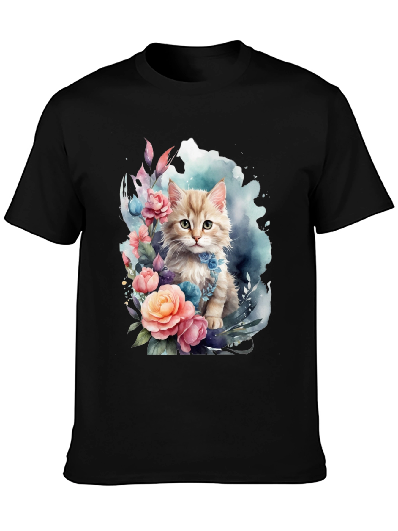 Floral Cat Graphic Tee - Soft Black T-Shirt