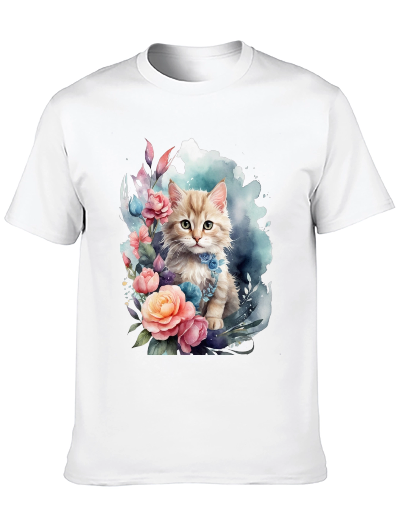 Floral Cat Graphic Tee - Soft Black T-Shirt