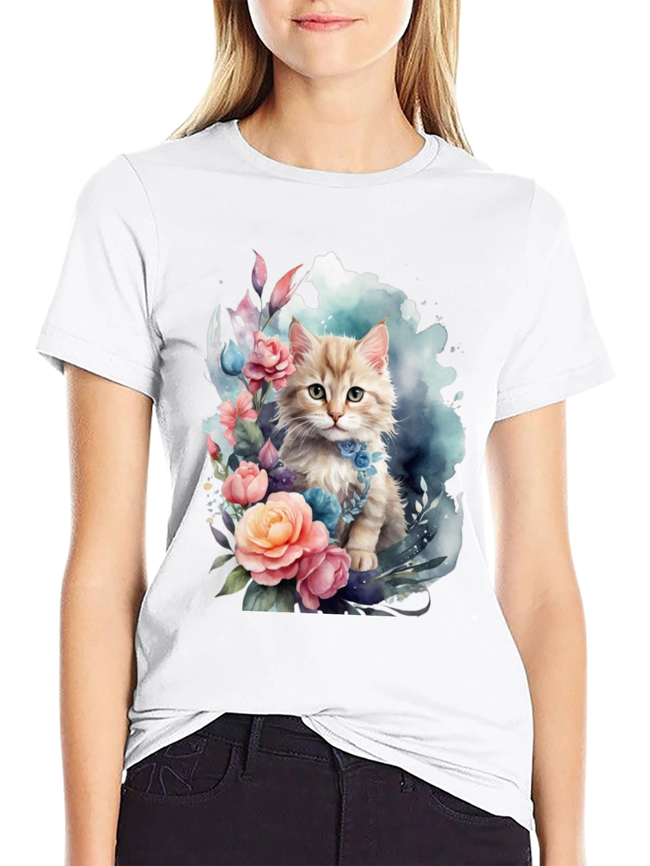 Floral Cat Graphic Tee - Soft Black T-Shirt
