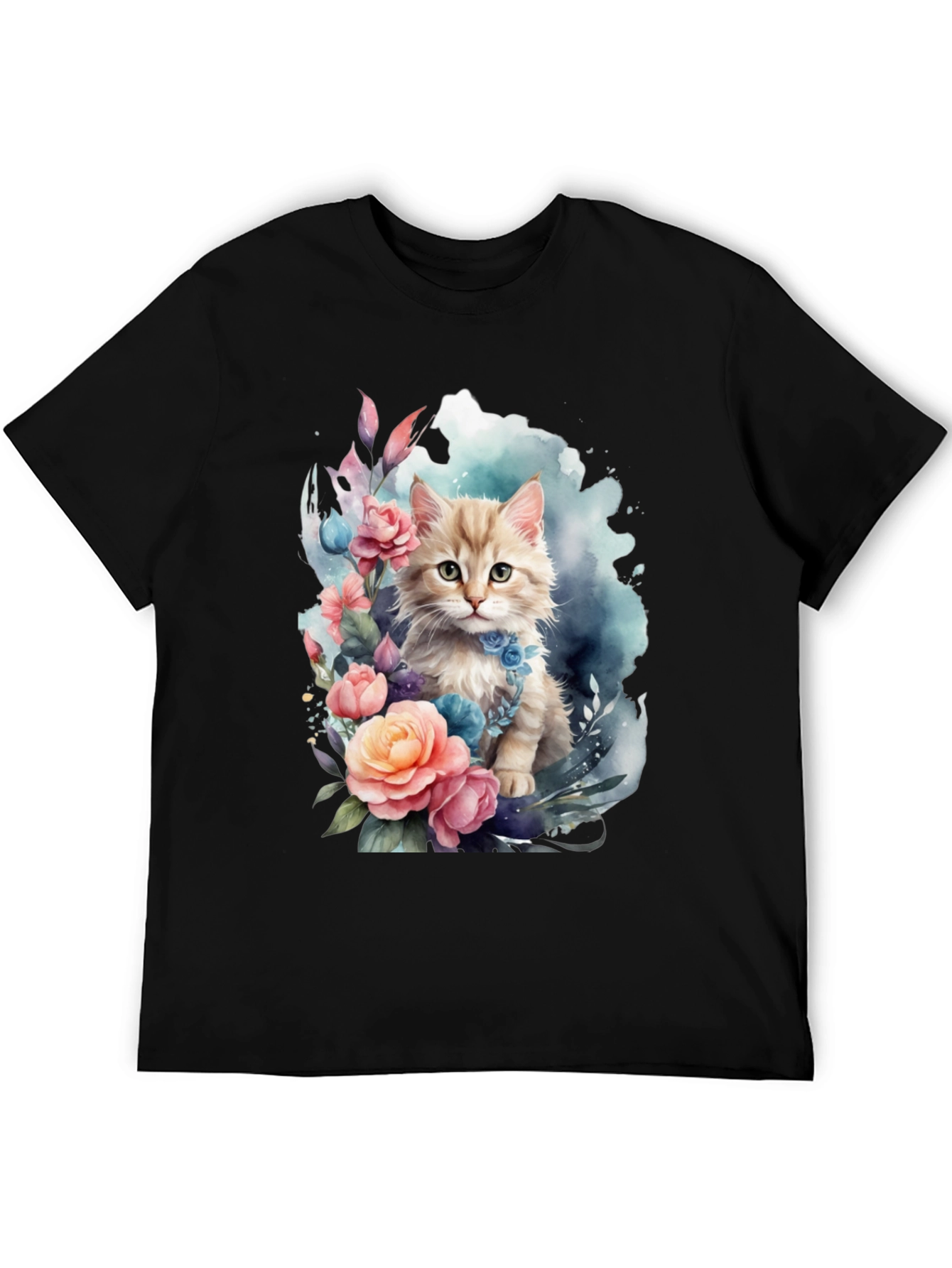Floral Cat Graphic Tee - Soft Black T-Shirt