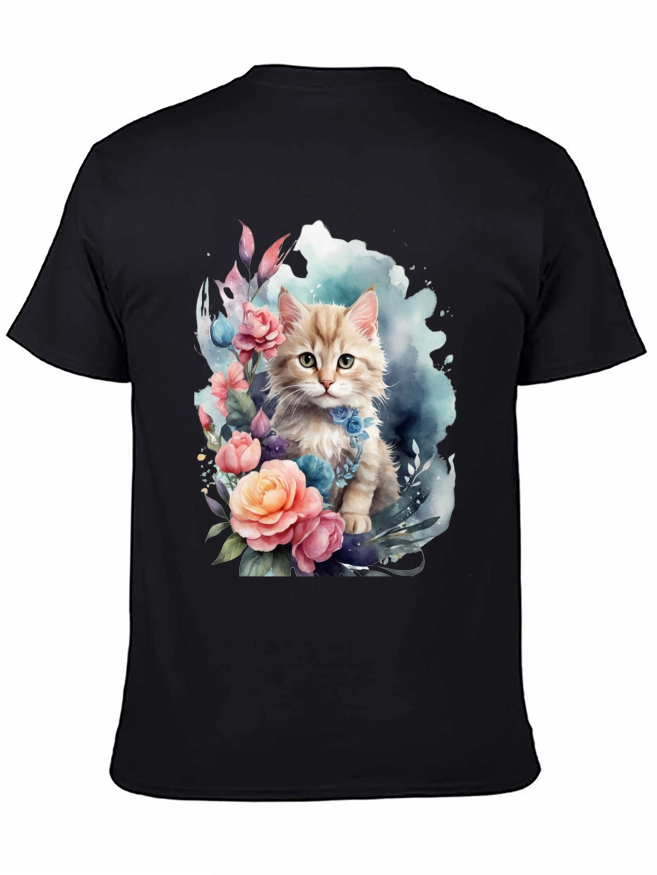Floral Cat Graphic Tee - Soft Black T-Shirt