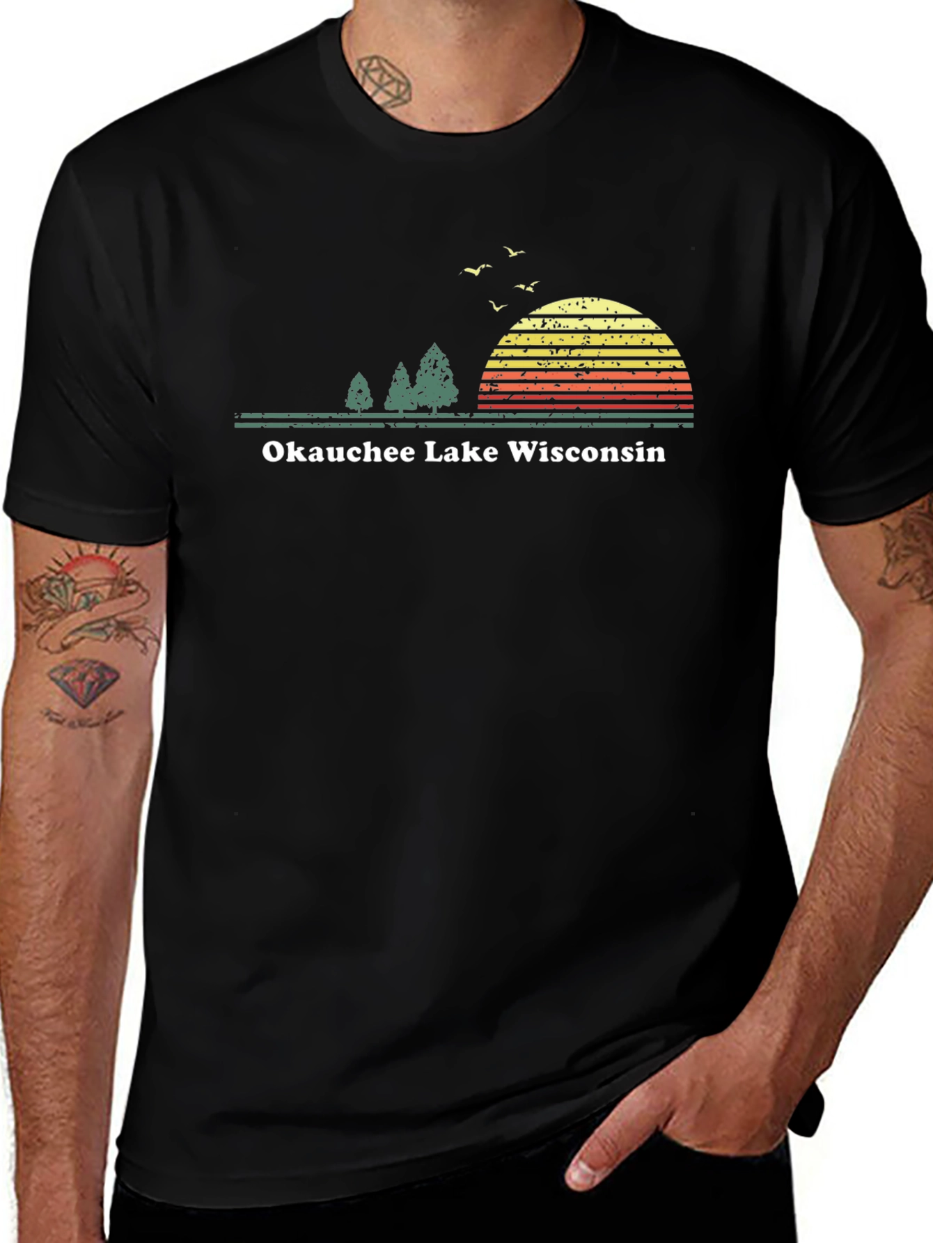 Okauchee Lake Wisconsin Tee - Retro Sunset Design