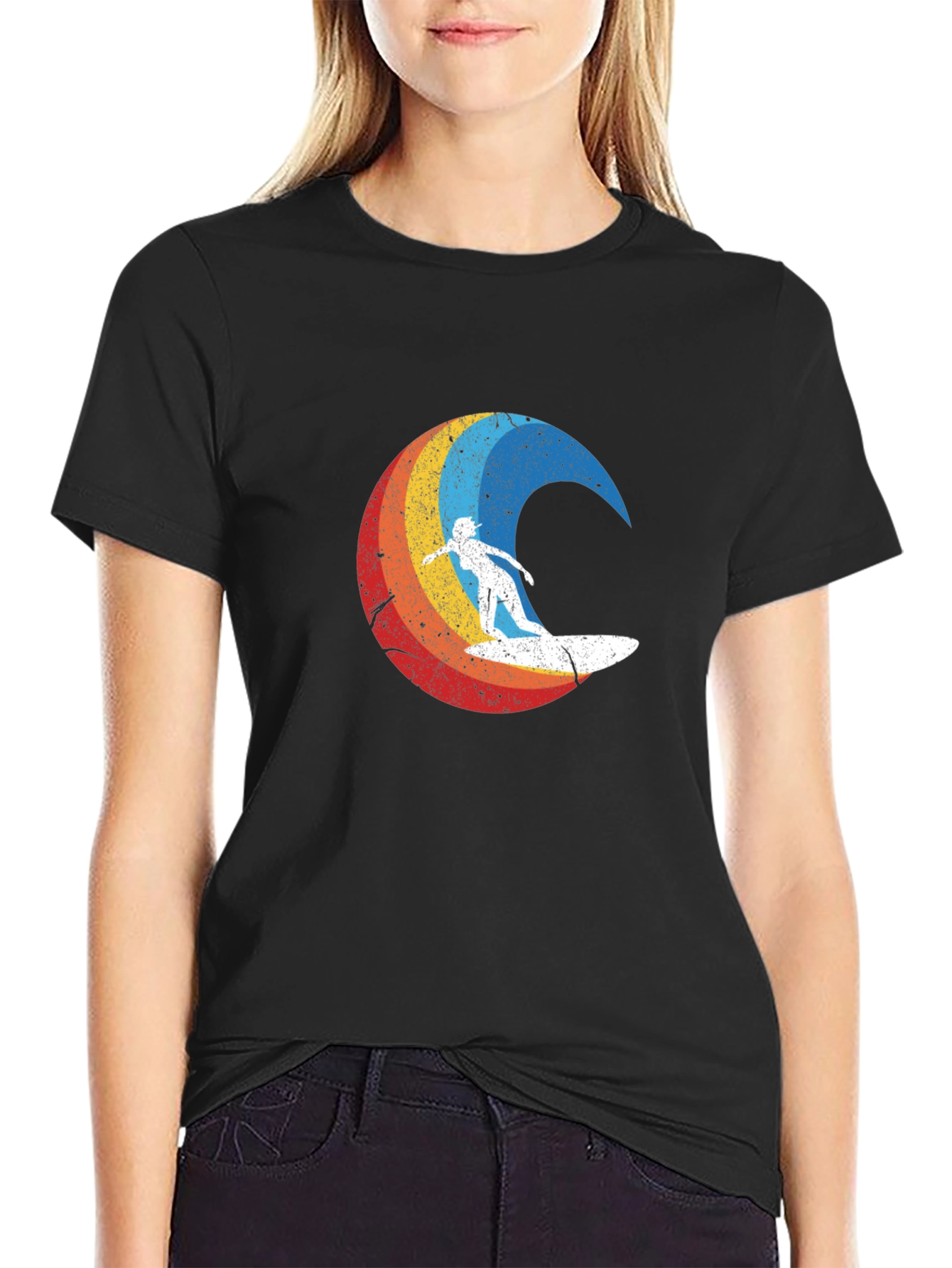 Retro Surfer Graphic Tee - Black Cotton Blend