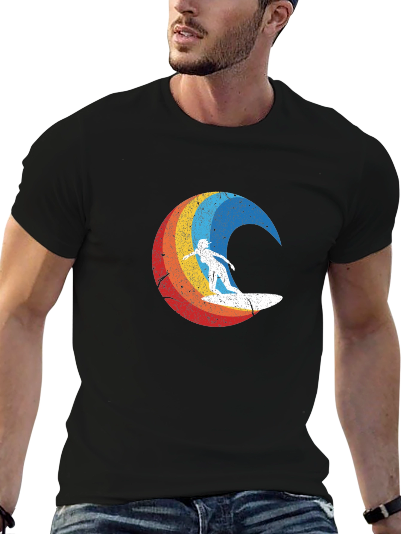 Retro Surfer Graphic Tee - Black Cotton Blend