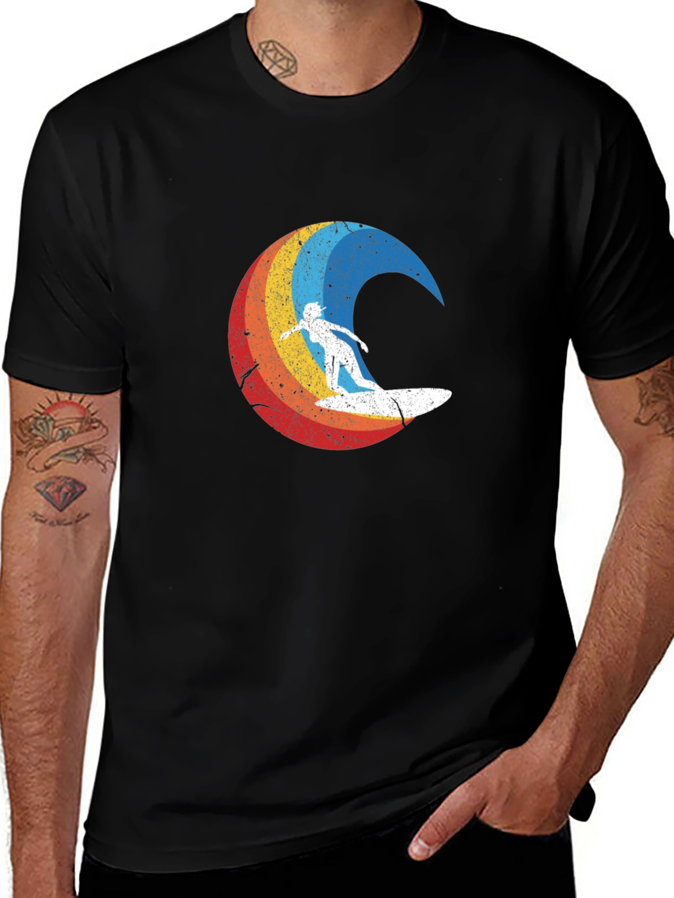 Retro Surfer Graphic Tee - Black Cotton Blend