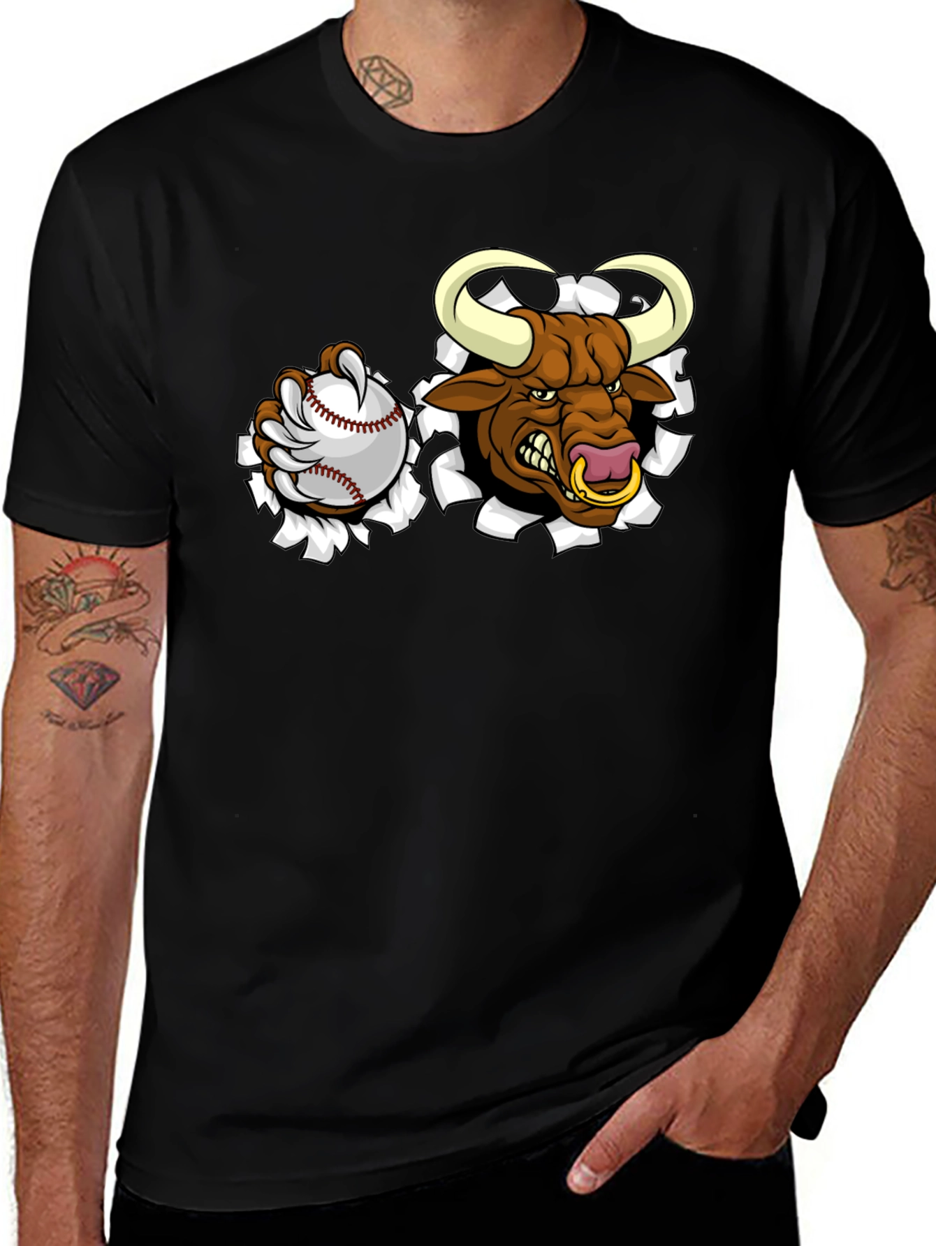 Angry Bull Baseball Black T-Shirt