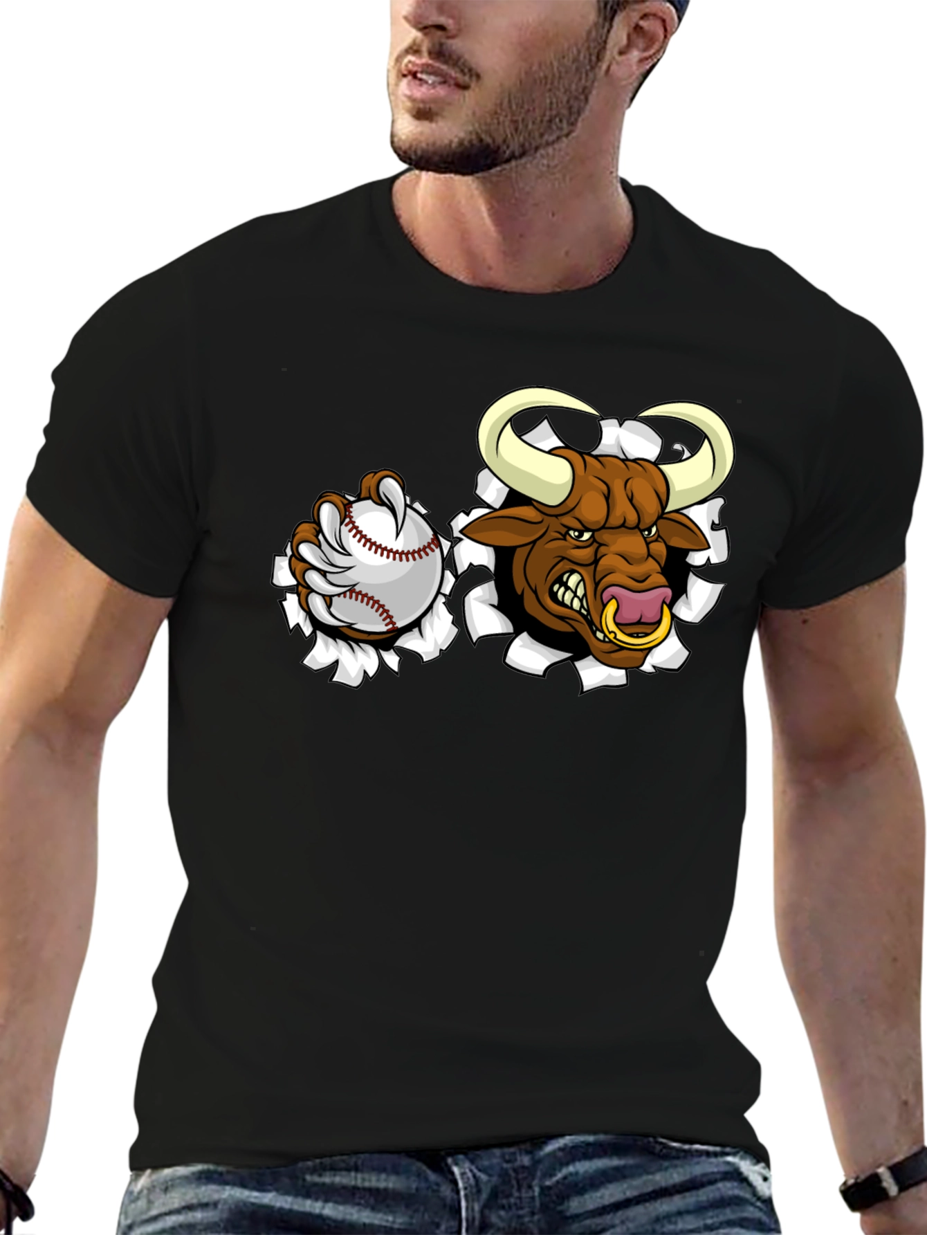 Angry Bull Baseball Black T-Shirt